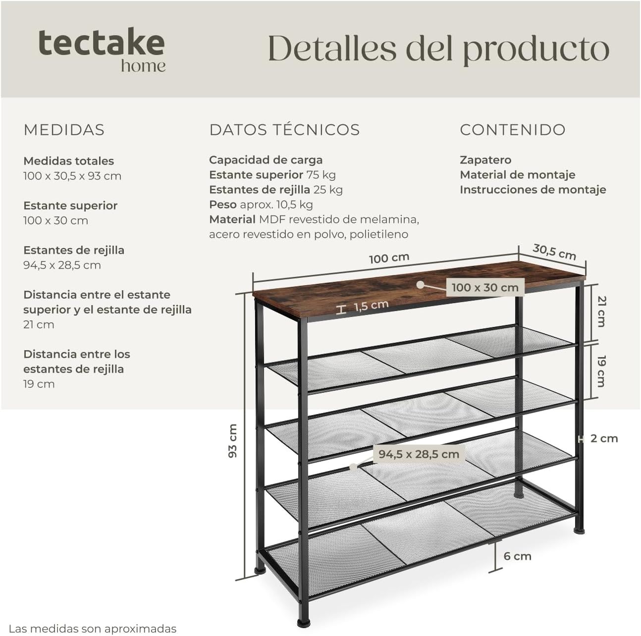 Thumbnail 5 de TecTake Zapatero Madera Industrial 100x30,5x93 cm