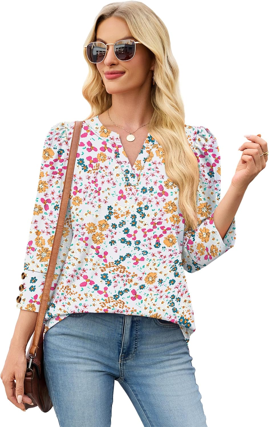 Detalle de WIHOLL 3/4 Sleeve V-Neck Blouse Dressy Casual Top