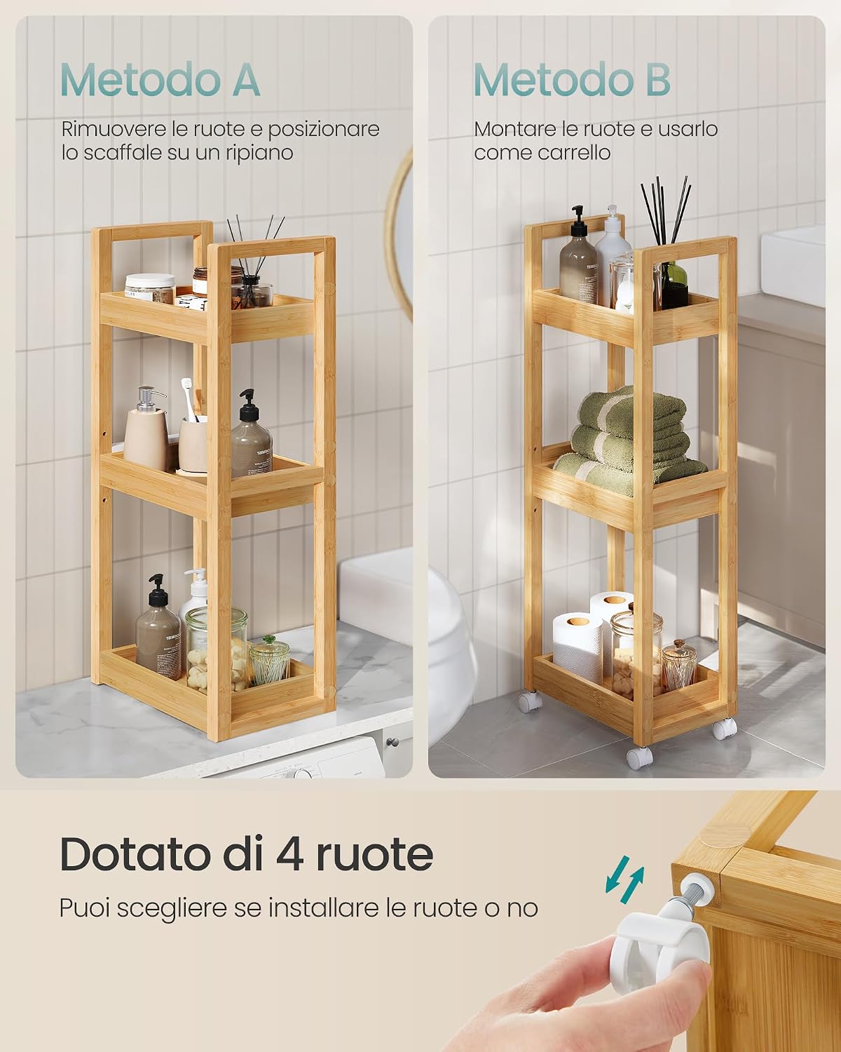 Thumbnail 3 de SONGMICS Carrellino Salvaspazio Bambu 3 Ripiani con Ruote, 20 x 30 x 80 cm, Beige Naturale – BCB083N01