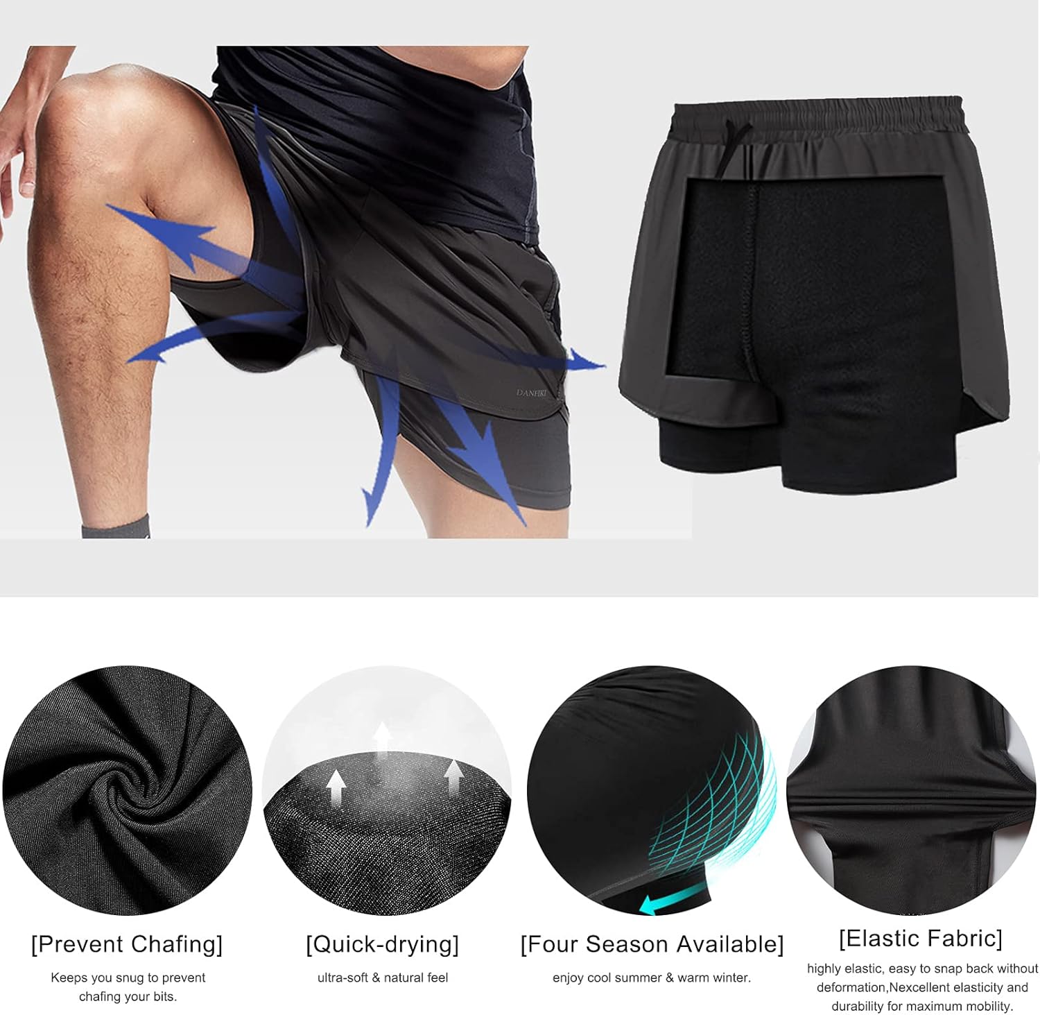 Thumbnail 5 de Danfiki men’s running shorts (2-in-1) with phone pocket – lightweight quick-drying gym & sport short