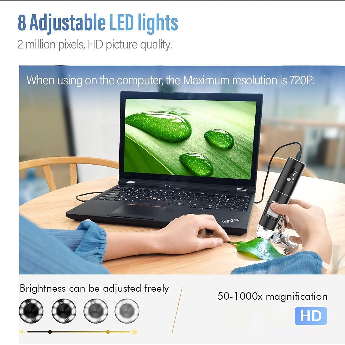 Detalle de SKYBASIC Microscope numérique Wi‑Fi portable 1000X avec loupe et 8 LED pour smartphones (Android/iOS) et PC