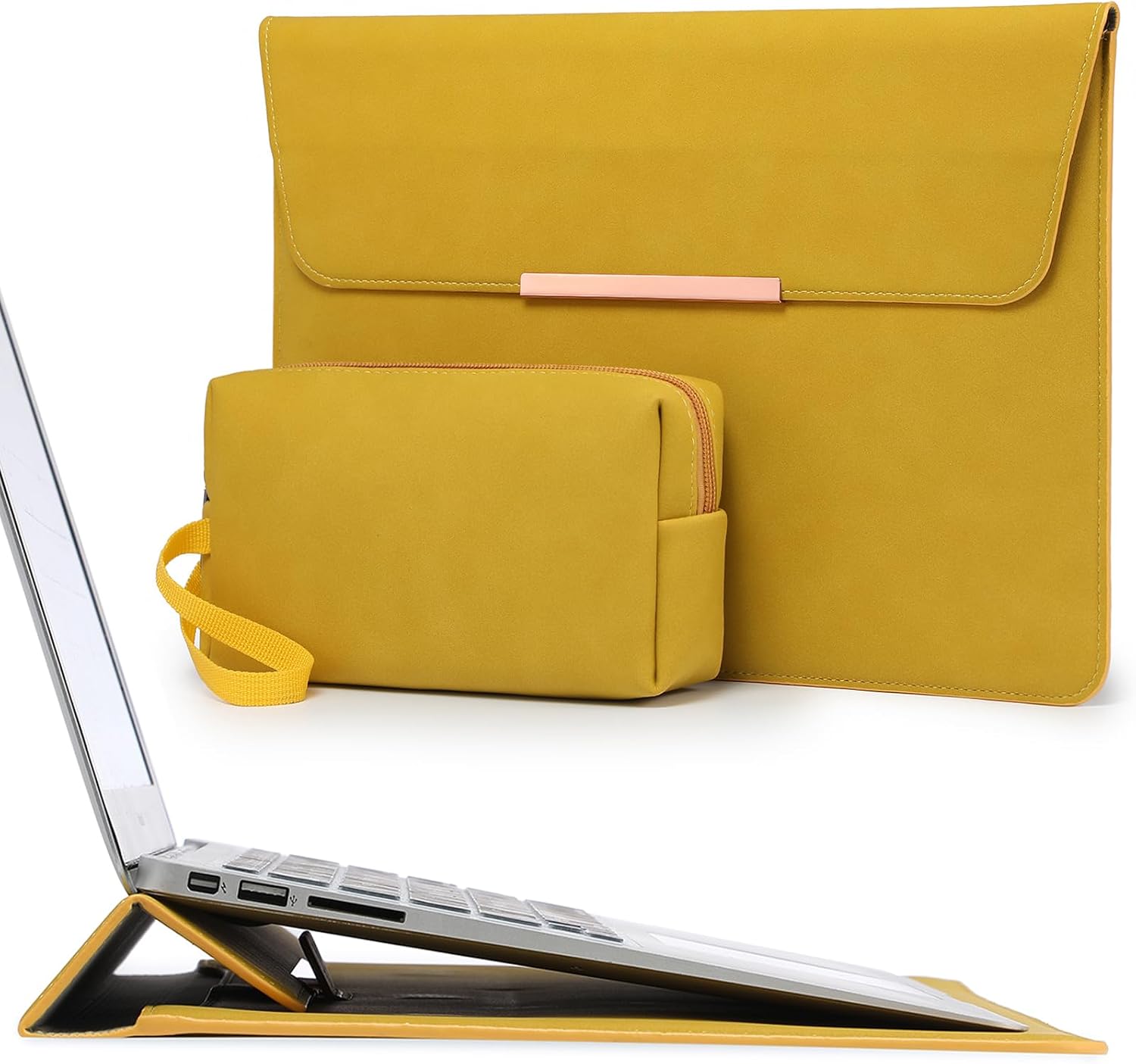 Detalle de HYZUO 13-Zoll Laptop-Hülle mit Ständer & Magnetverschluss – Olivgelb (Smiley)
