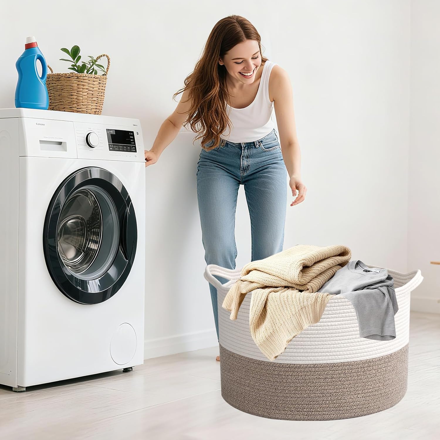 Thumbnail 3 de HZFTJOY 65L Large Blanket Basket (19.7 in x 19.7 in x 13 in) Rope Woven Storage Bin with Handles