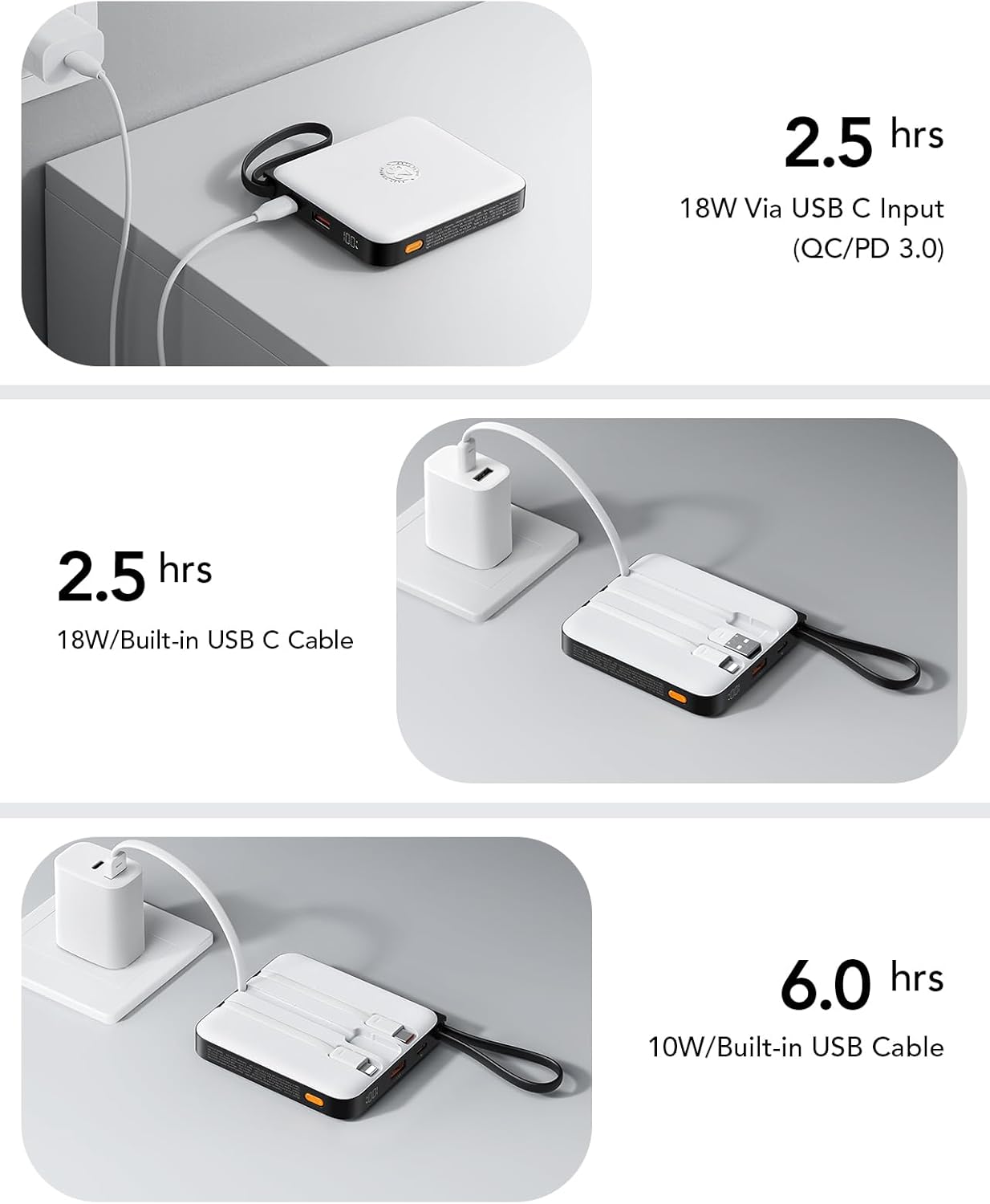 Thumbnail 4 de VRURC Batterie Externe 10000mAh avec 4 câbles intégrés — Power Bank ultra mince et rapide