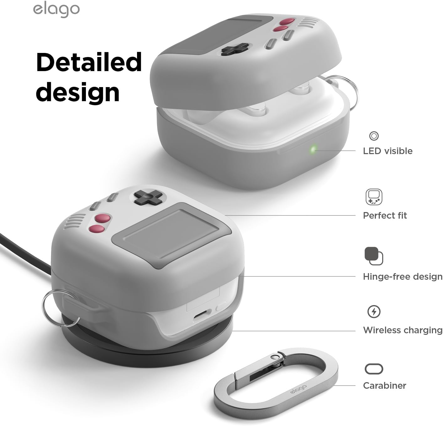 Thumbnail 5 de Coque elago AW5 compatible Samsung Galaxy Buds 4 Pro & Buds 4 – étui gris avec mousqueton