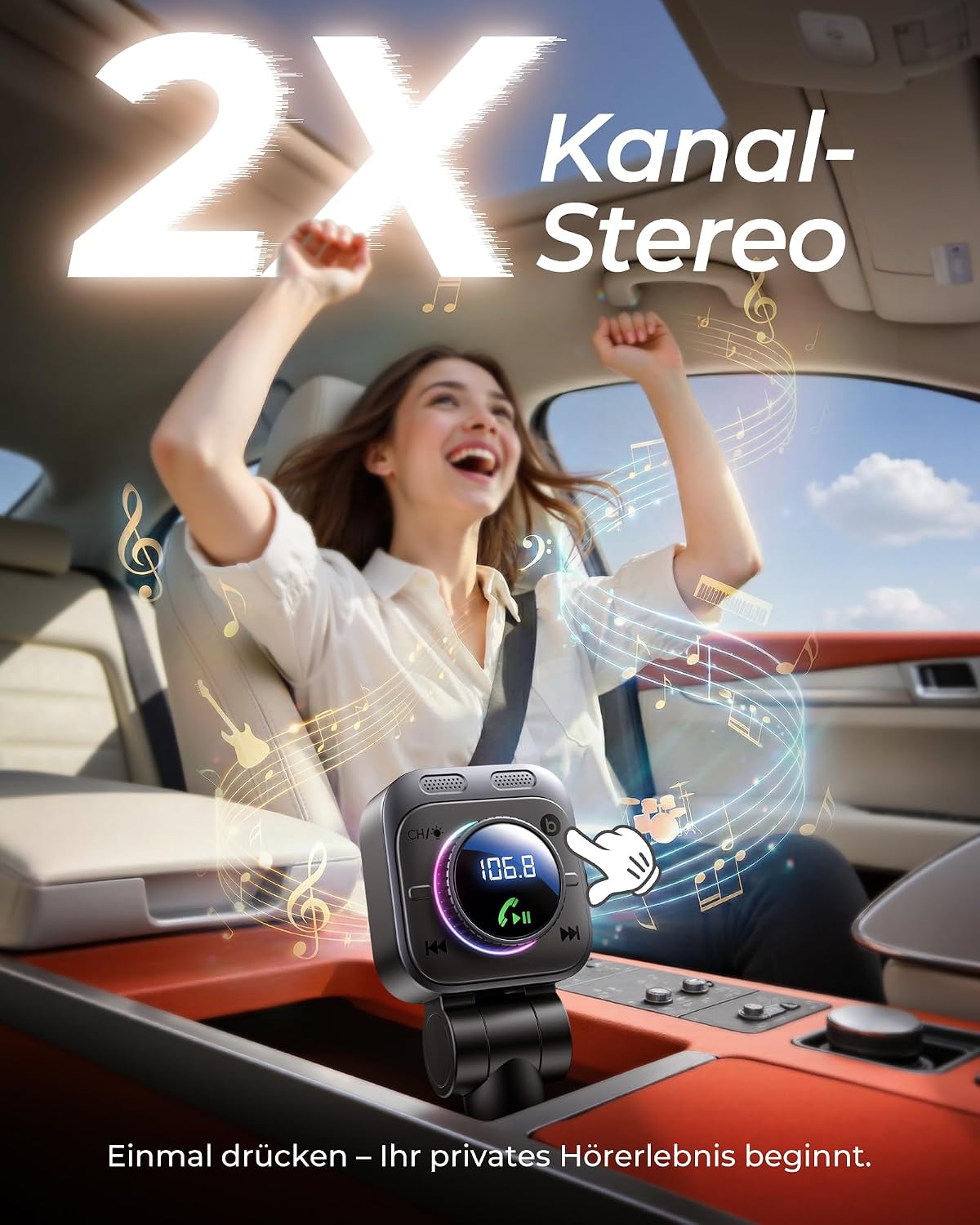 Detalle de LENCENT 72W FM Transmitter Auto Bluetooth 5.4 – kabellose Musik & Freisprecheinheit mit 180° Drehung
