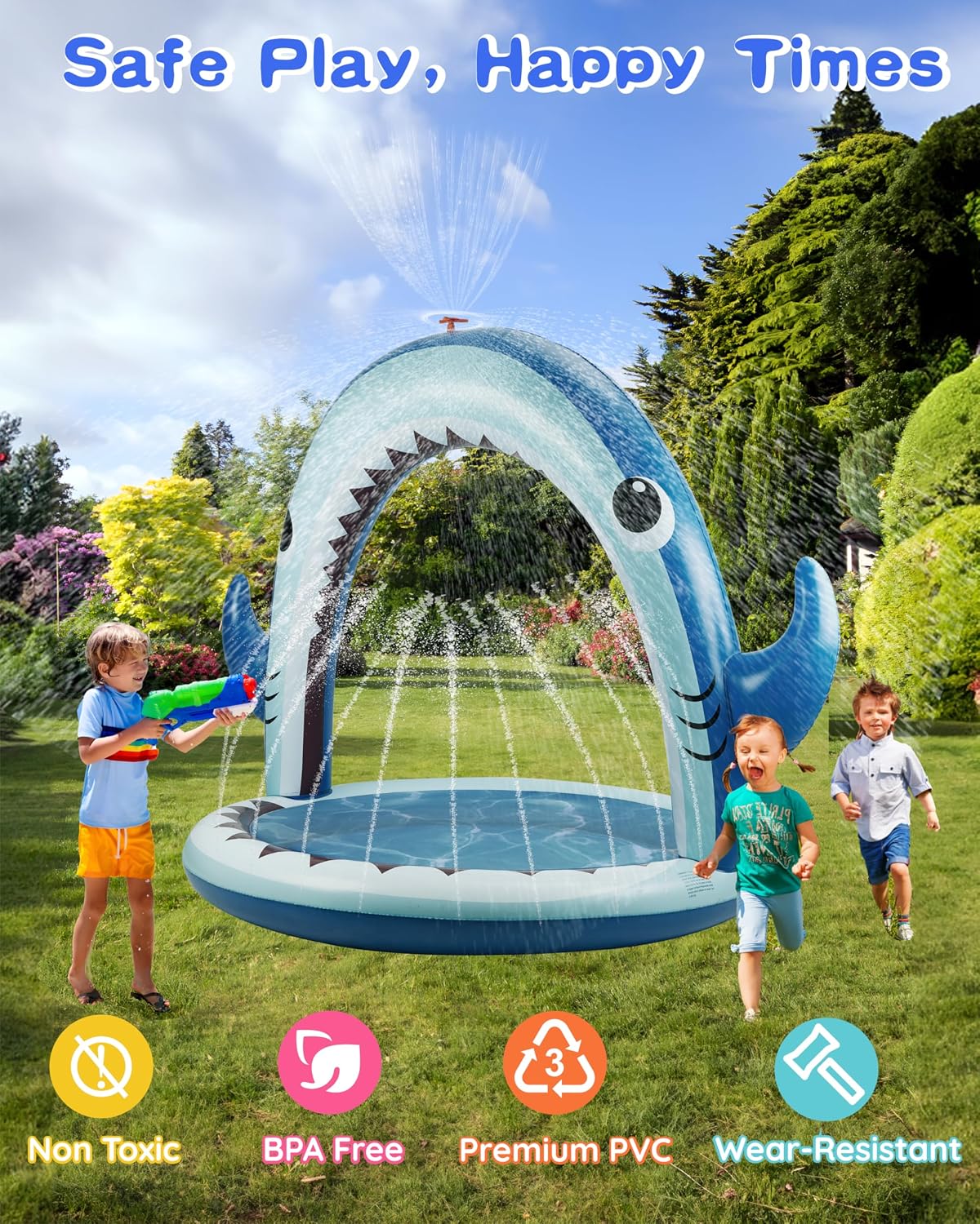 Thumbnail 3 de Gleamkid Splash Pad 4-In-1 Inflatable Shark Water Toys: A practical outdoor sprinkler with Ring Toss for UK summer fun