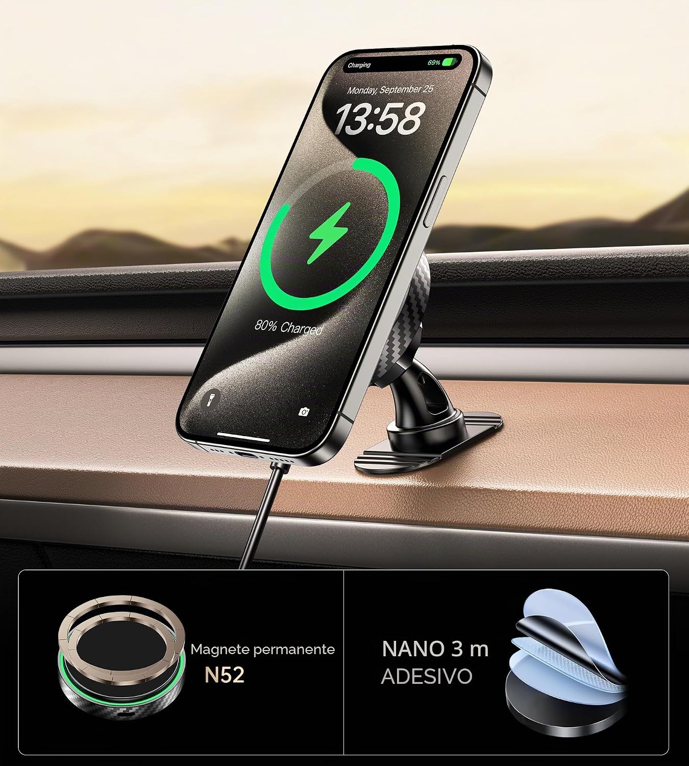 Detalle 2 de GuMosh Qi2 Caricatore Wireless Auto MagSafe per iPhone