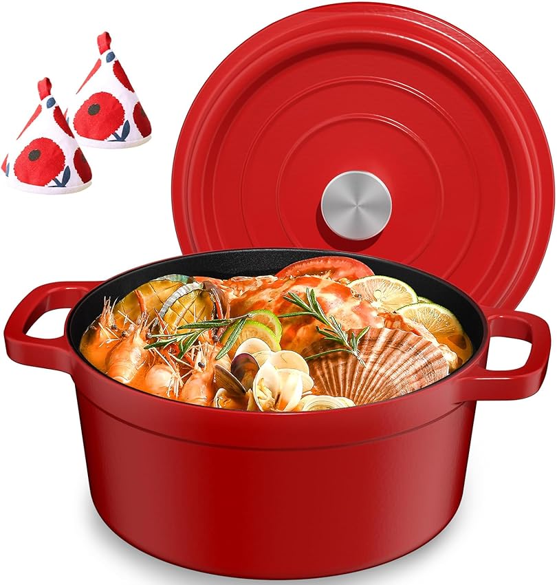 YASHE olla de hierro fundido con tapa antiadherente roja