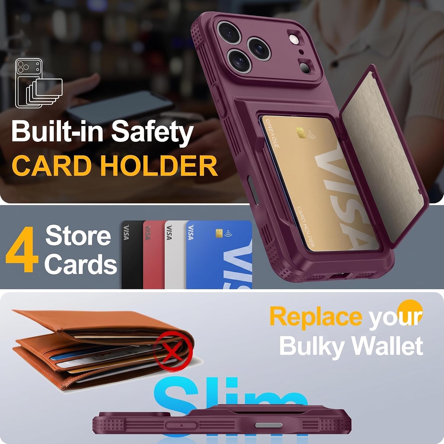 Detalle de Oneagle iPhone 18 Pro Wallet Case with Privacy Screen, Card Holder & Stand
