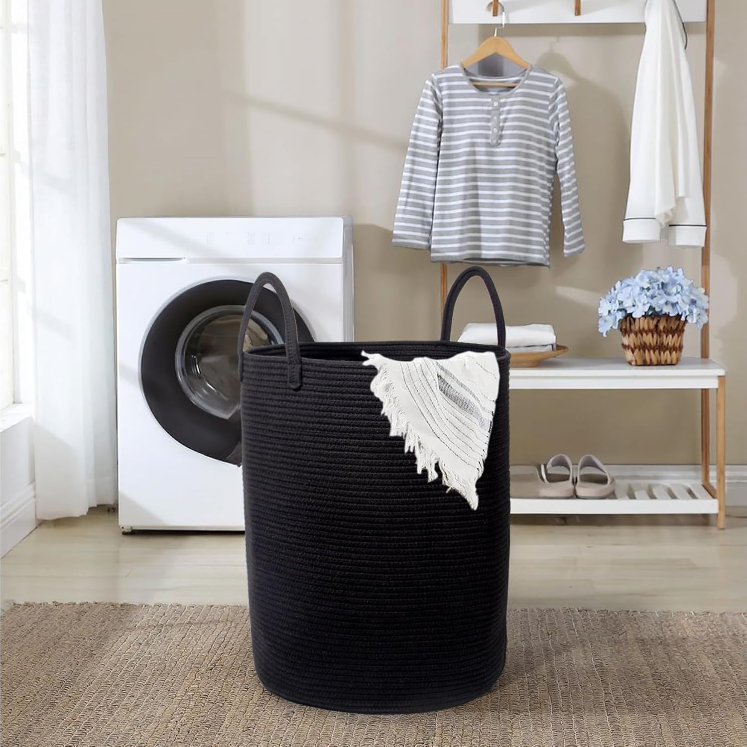 Thumbnail 2 de SYLANDO Wäschekorb mit Henkel – geflochtene Aufbewahrungsbox für Spielzeug & Wäsche (Schwarz, D 38 x H 50 cm)