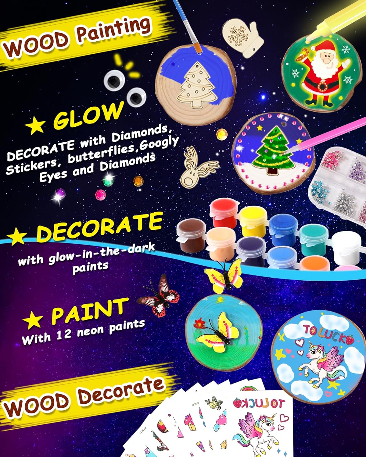 Thumbnail 2 de Yuforr 20-Piece Wooden Slice Kids Craft Kit with Glow-in-the-Dark Paint