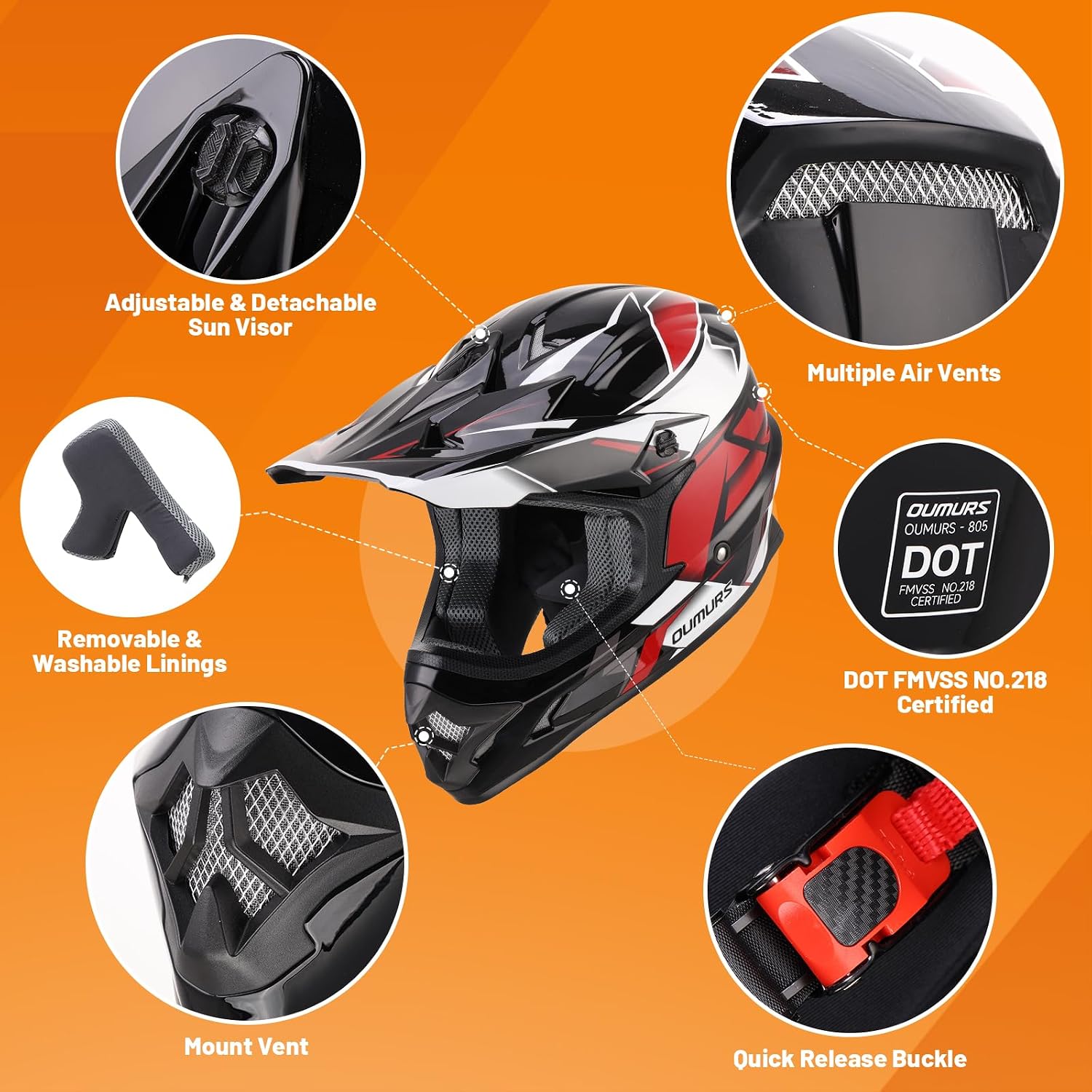 Detalle 2 de OUMURS DOT Adult M Helmet with Visor