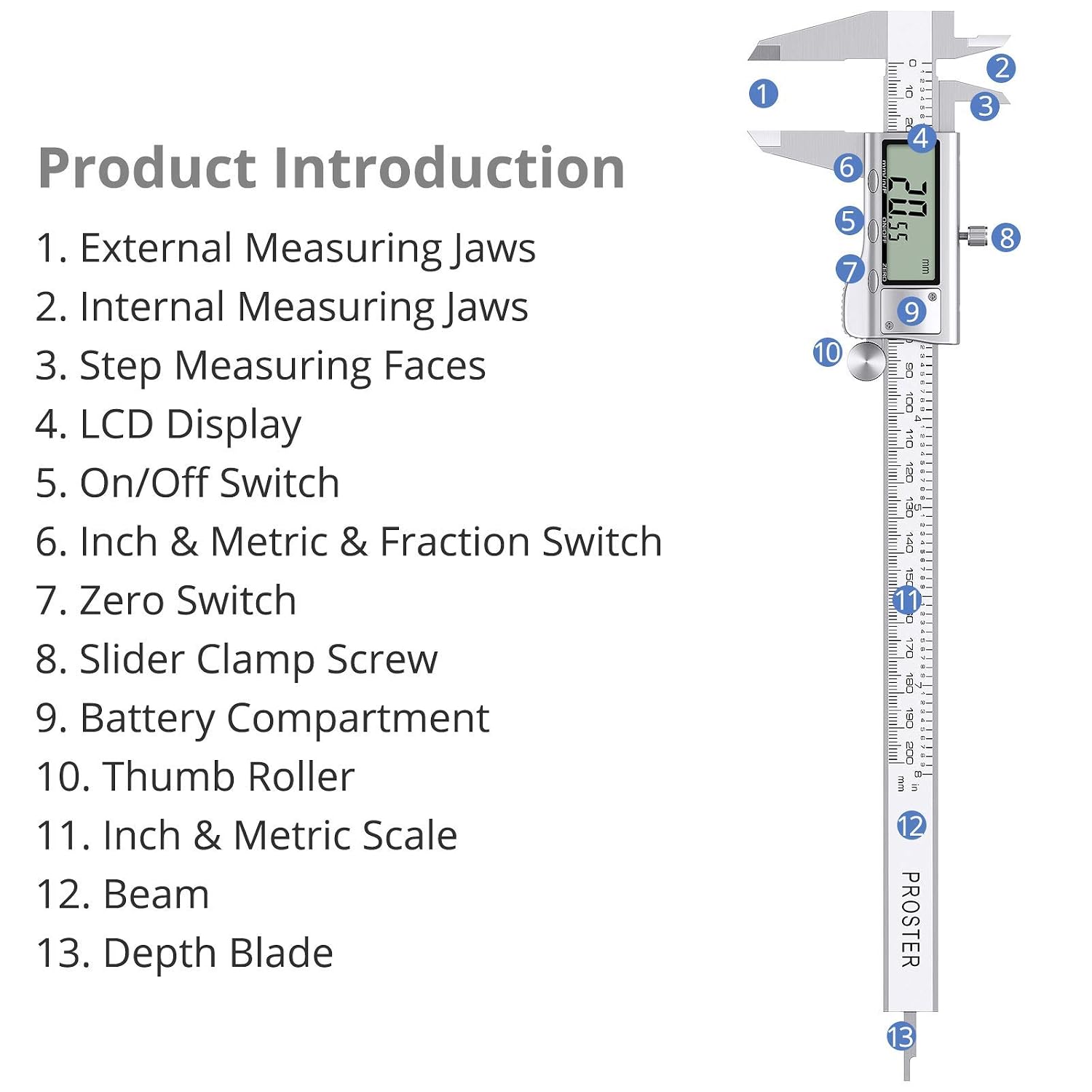 Detalle 1 de Proster Digital Vernier Caliper, 8 Inch/200 mm Stainless Steel, Fractional Readout