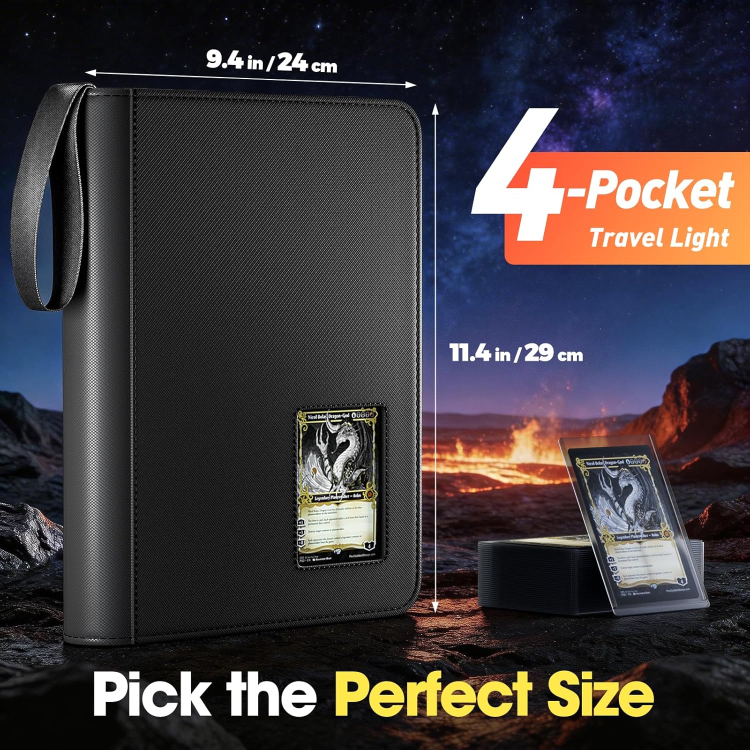 Detalle de ProCase Sammelkarten Album mit Fenster für 144 Toploader – 4 Taschen Binder mit Trageriemen, Schwarz