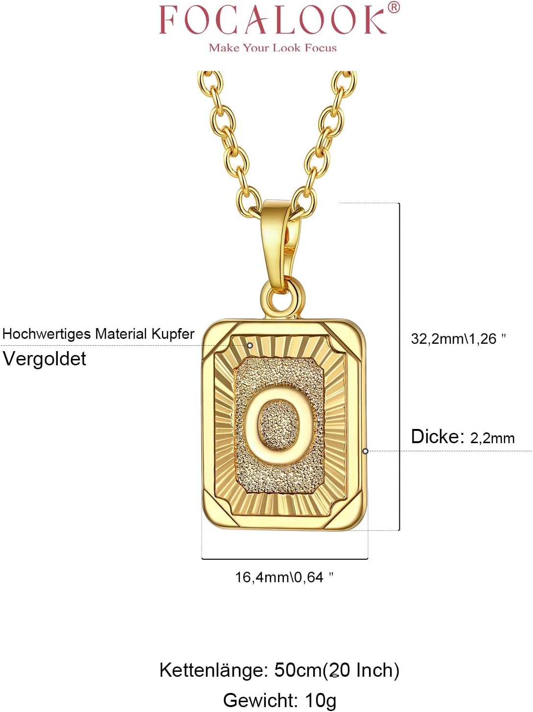 Detalle de FOCALOOK Buchstaben Kette Damen mit Rechteck Anhänger – Namenskette, Gold oder Weiß