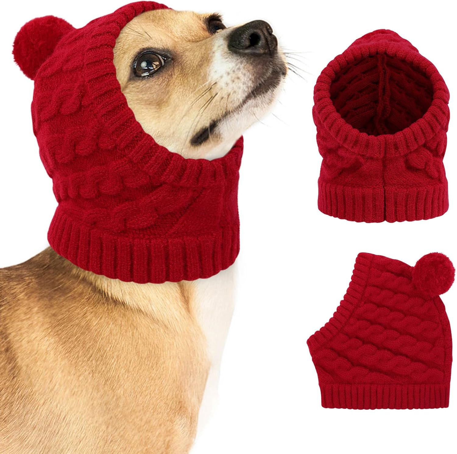 Detalle de CITÉTOILE Weihnachtsmütze für Hunde – gestrickte Santa-Mütze mit Zopfmuster und Bommel (Rot, L)