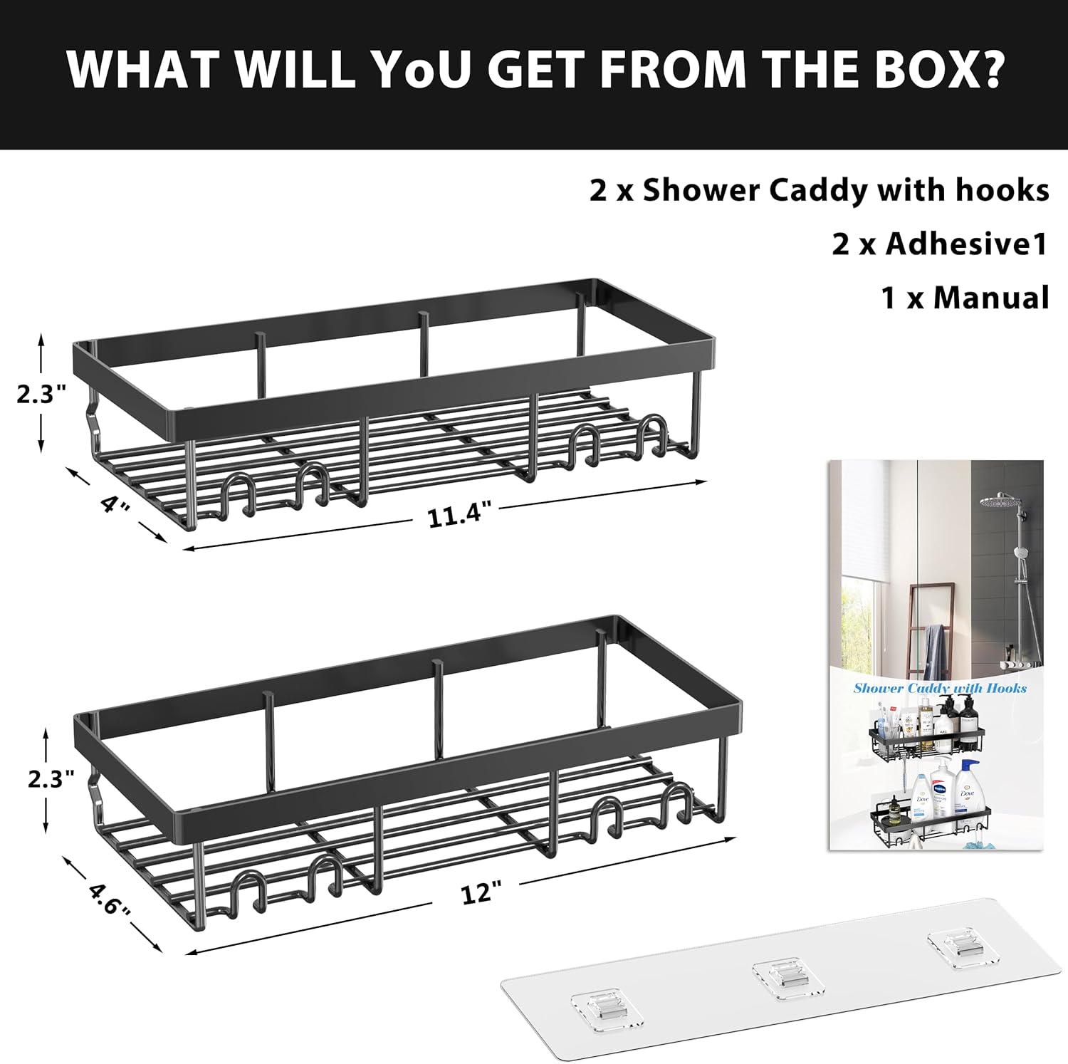 Thumbnail 6 de DIFULI Shower Caddy Shelf Organiser 2 Pack (No Drill) – Black self-adhesive shower shelves