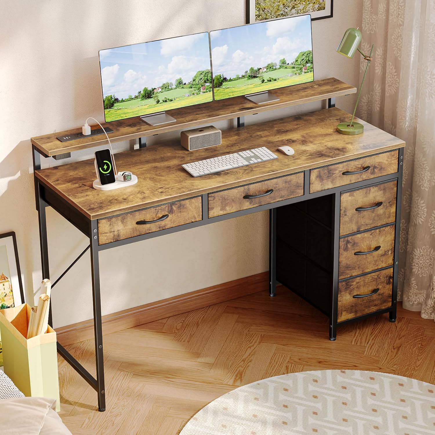 Detalle 2 de Huuger 7990FC Gaming Desk with 6 Drawers, RGB Lighting and Power Outlets