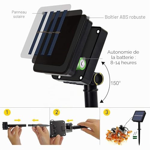 Detalle de Augone Guirlande lumineuse solaire de jardin 50 LED – 7 m, 8 modes, IP65, blanc chaud