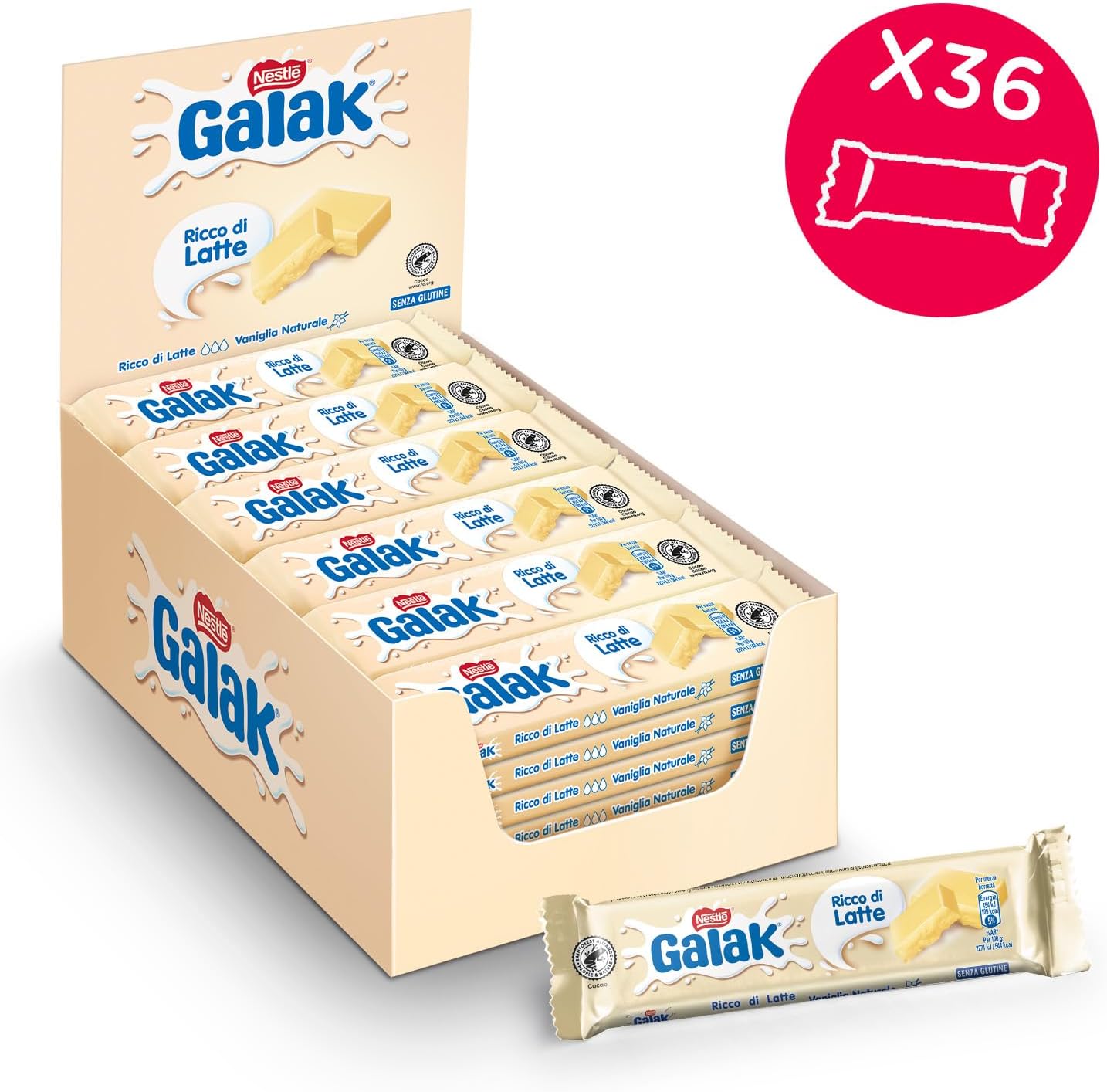 Detalle de GALAK Barretta Cioccolato Bianco 36 x 40 g – Snack goloso e senza glutine