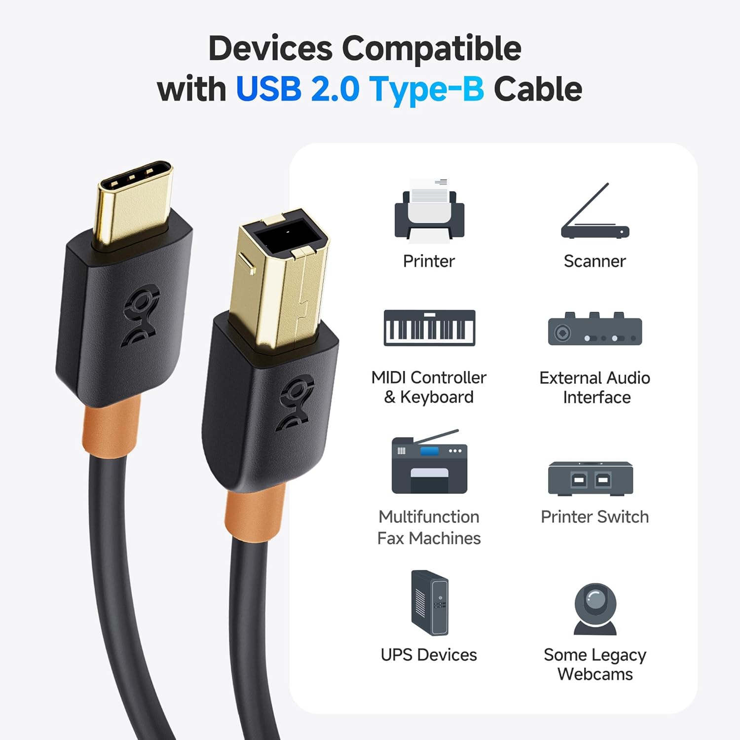 Thumbnail 2 de Cable Matters USB-C to USB-B Printer Cable, 2 m (Black) for Printers, Scanners and MIDI