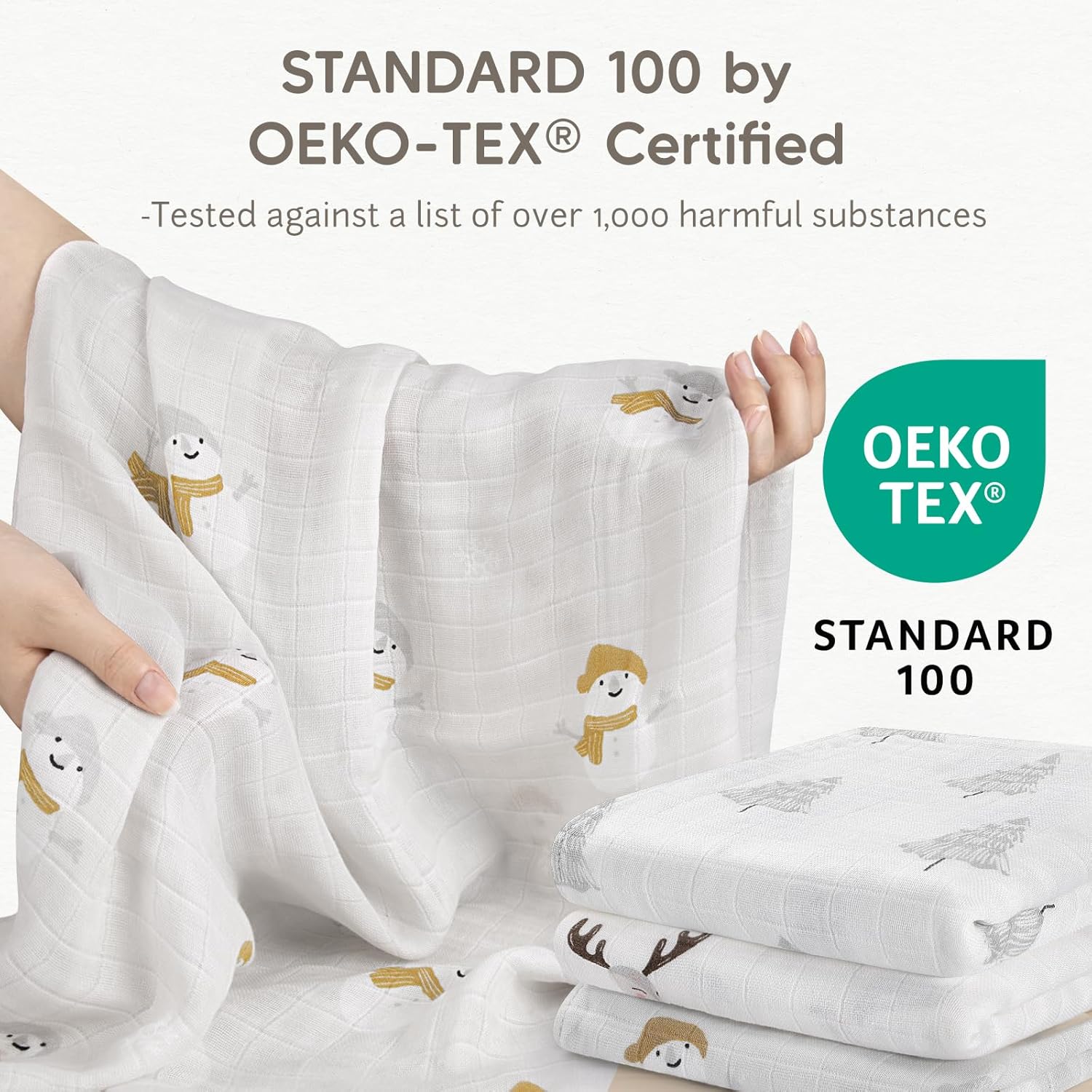Detalle de Maliton Muslin Cloths for Baby (6-pack) 70x70cm cotton burp cloths – soft breathable muslins with snowman, reindeer & pine tree prints