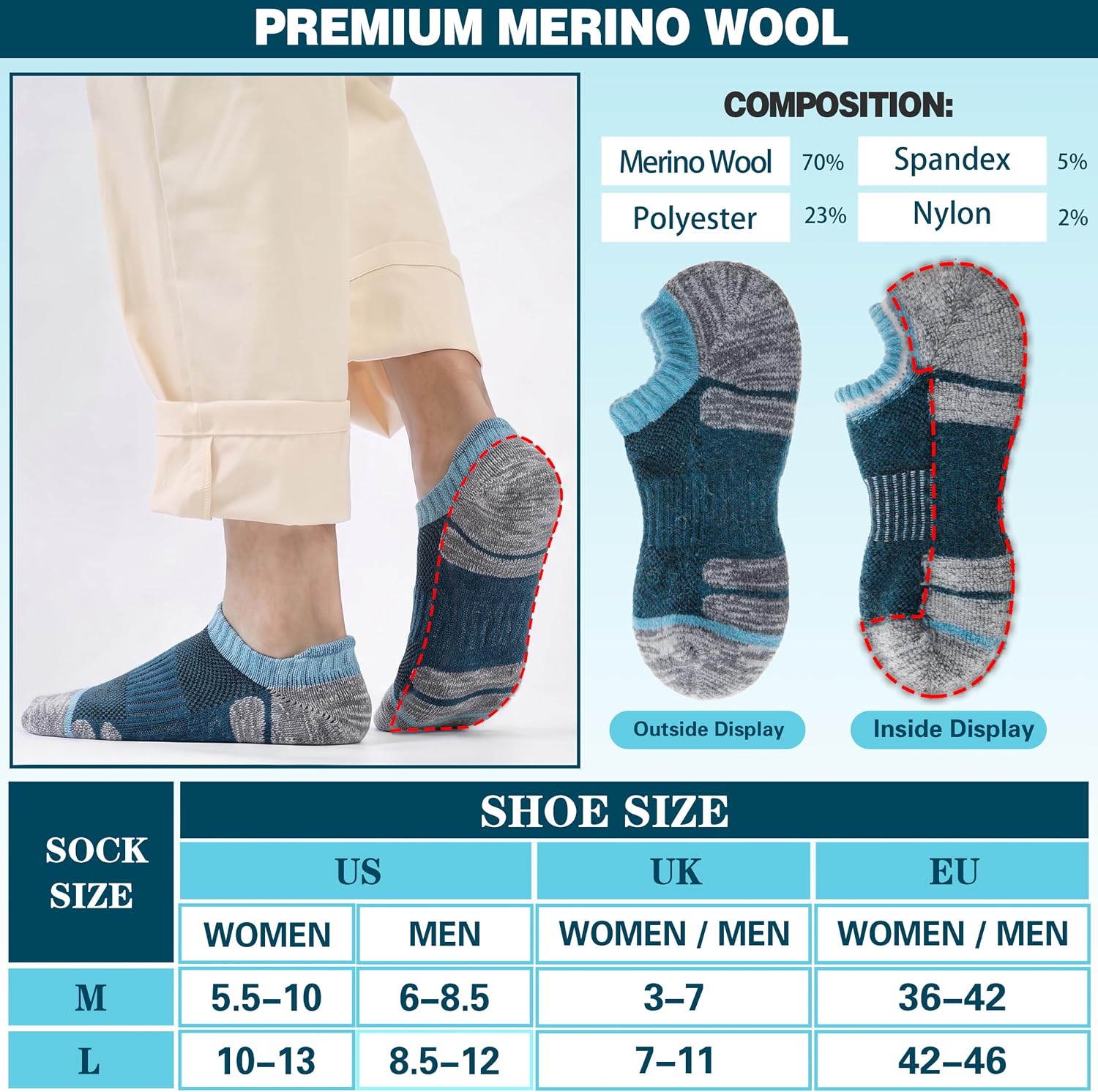 Detalle 1 de Merino Wool Running Socks, 6 Pairs