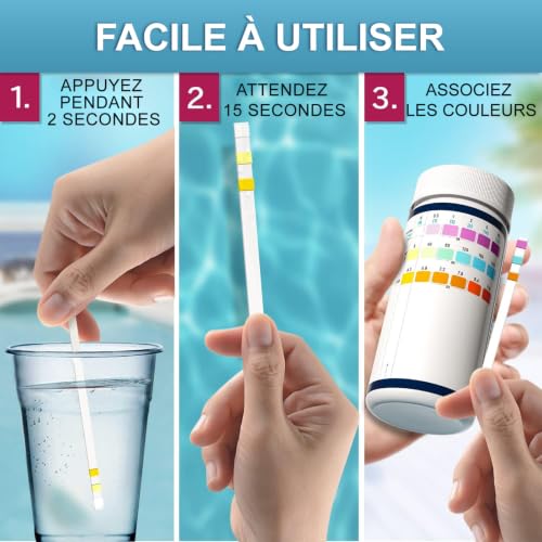 Detalle de RUNBO 3 en 1 Testeur Piscine – 150 bandes pour chlore libre, pH et alcalinité totale