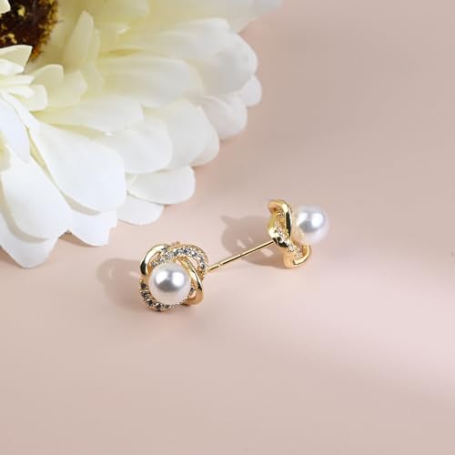Detalle de Weviway 14K Gold Plated Pearl Stud Earrings for Women – 925 Sterling Silver with Cubic Zirconia