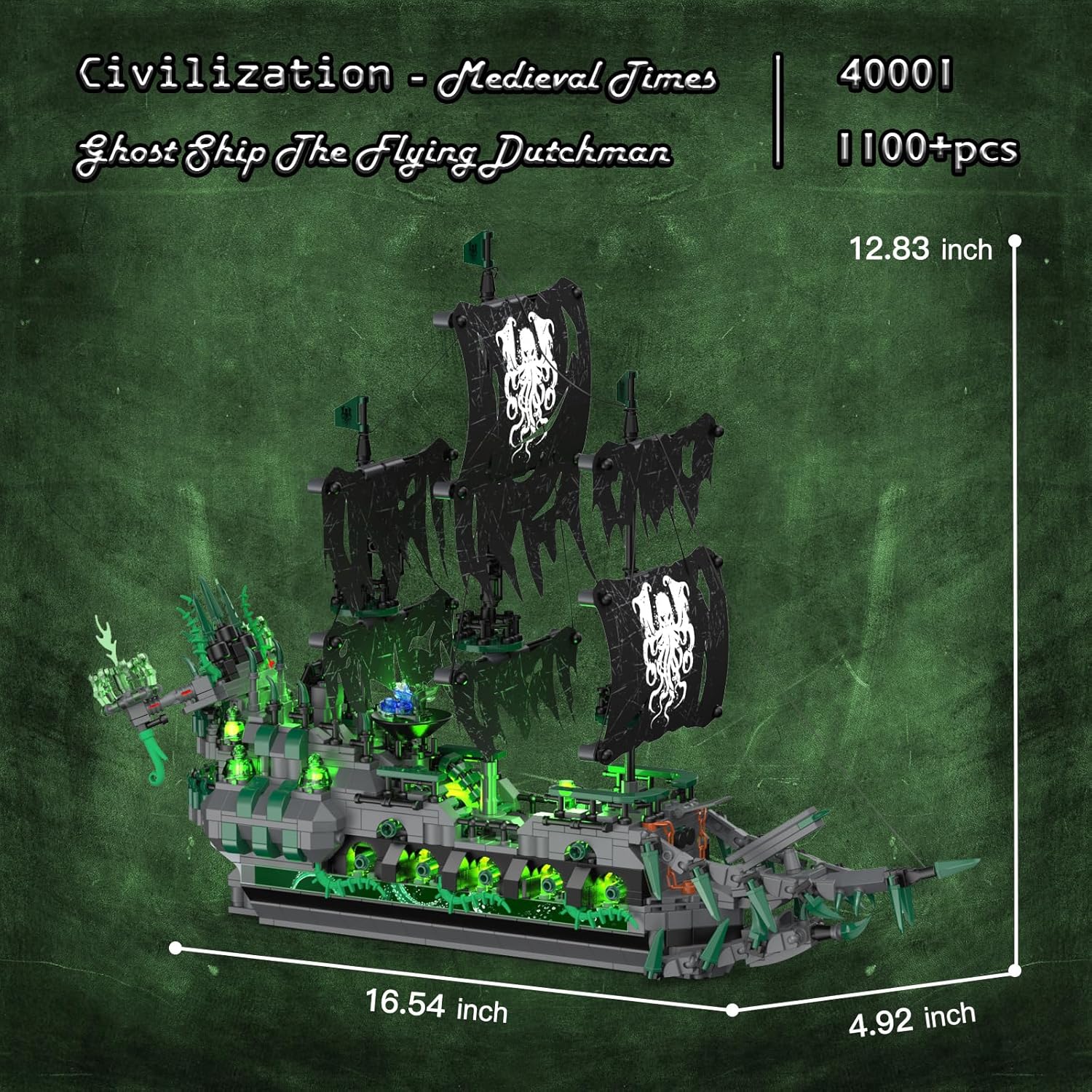 Thumbnail 4 de JMBricklayer Bateau pirate en briques avec lumières LED vertes – modèle 40001 Flying Dutchman