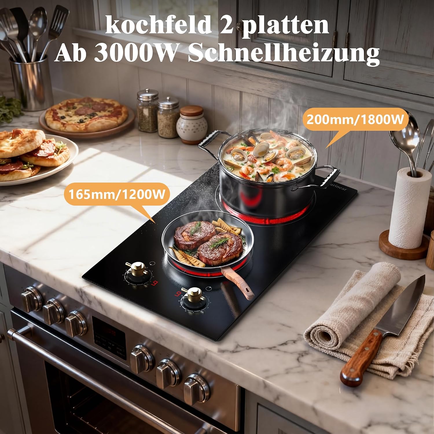 Detalle de Karinear Glaskeramikkochfeld 2 Platten mit Stecker – tragbar, 3000 W, Doppel-Drehknopf, 30 cm, infrarot-heizung