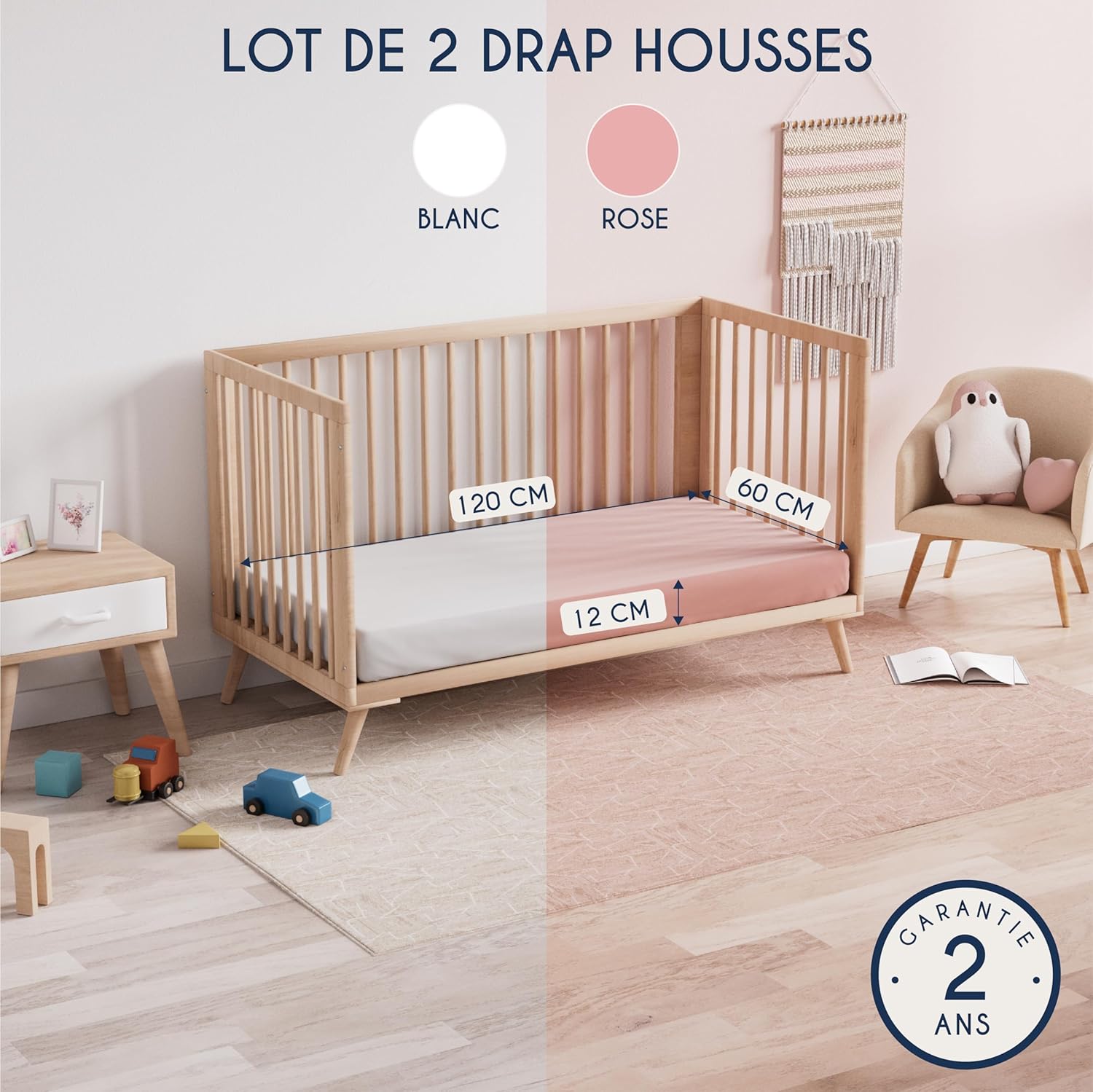 Thumbnail 1 de Dreamzie Drap Housse 60x120 cm (x2) – Lot de 2, coton jersey 145 g/m², Oeko-Tex