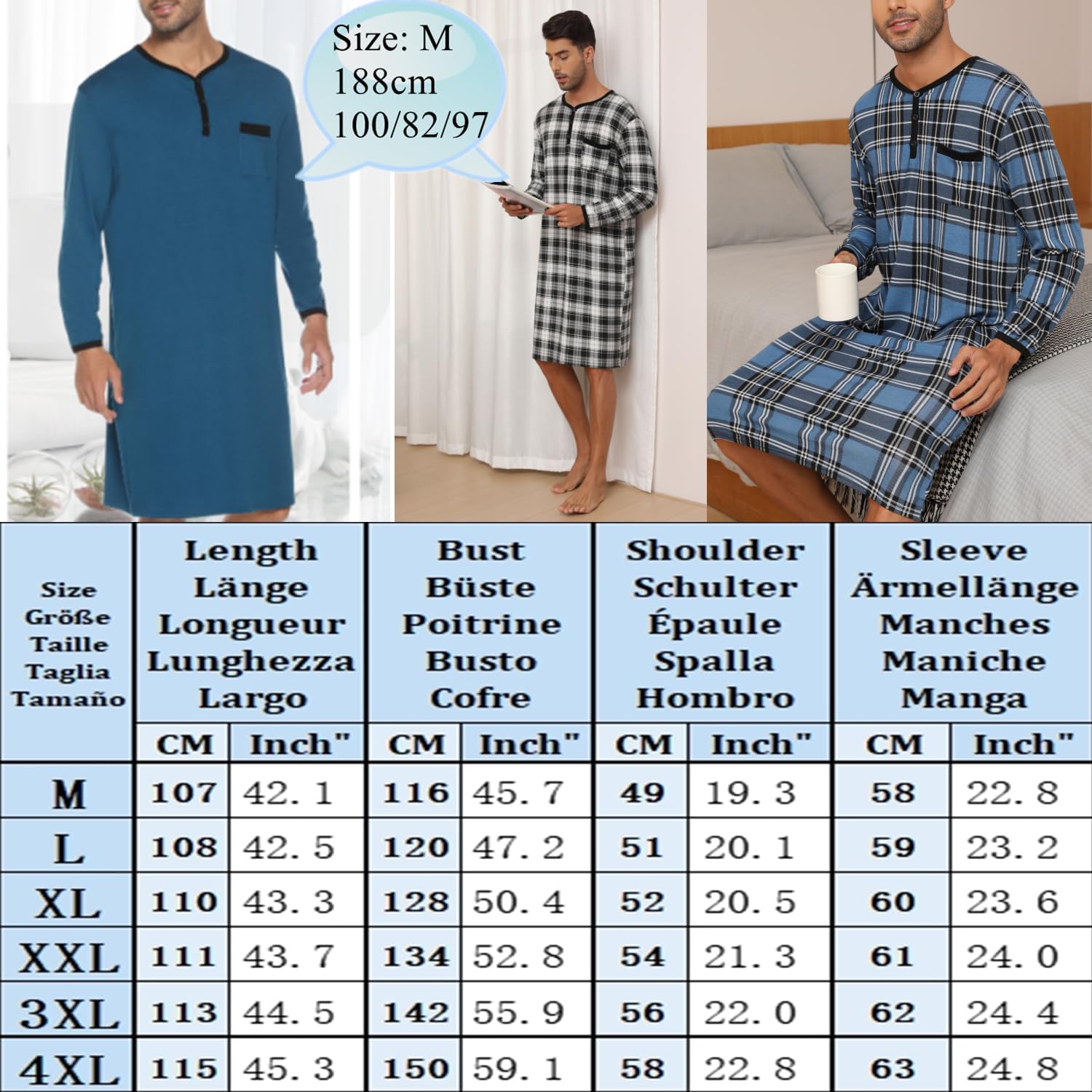 Detalle de Yukiuiny Men's Knee-Length Cotton Pyjama Top – Breathable, Soft Sleepwear for All-Night Comfort