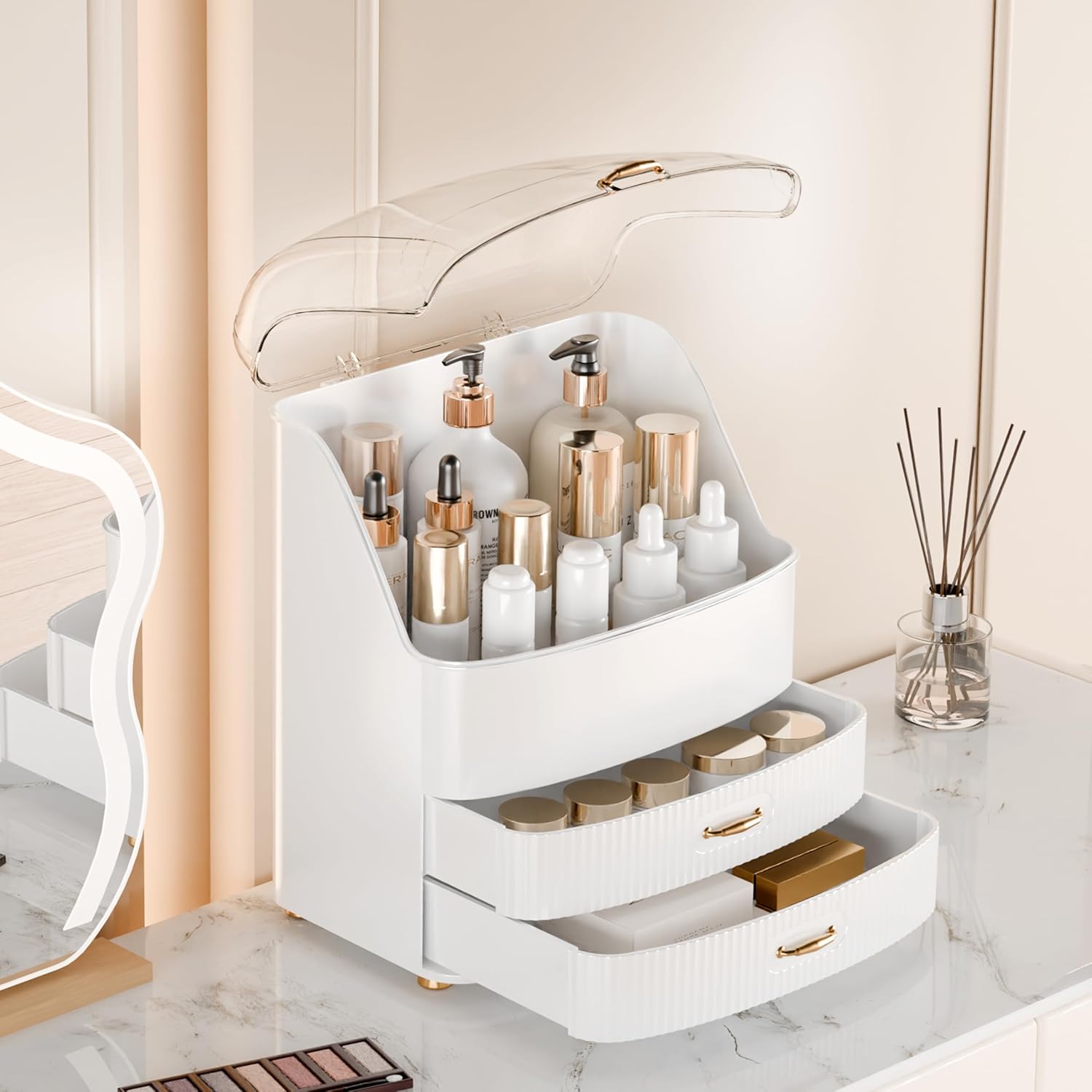 Detalle de LURCNS Makeup Organiser with Drawers – Skincare Storage Box with Lid, White