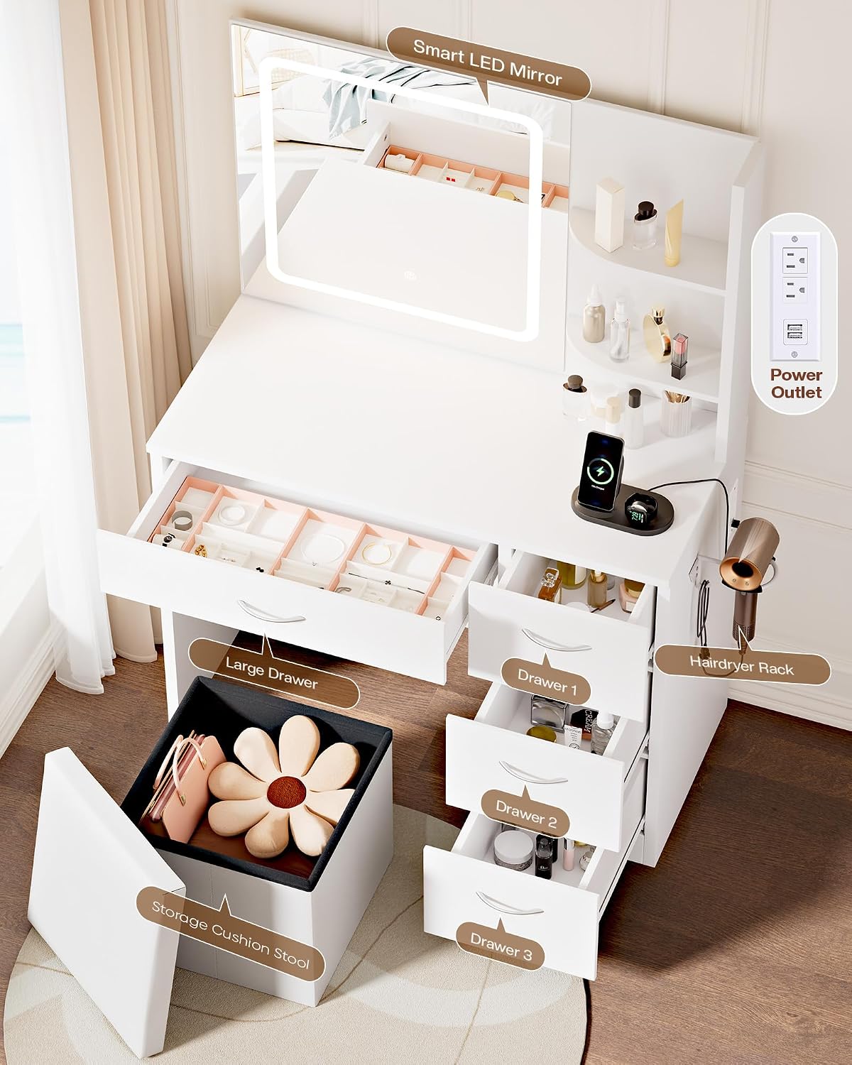 Detalle 2 de LIVELYGLOW E124-028 White Makeup Vanity Desk with LED Mirror and 4 Drawers