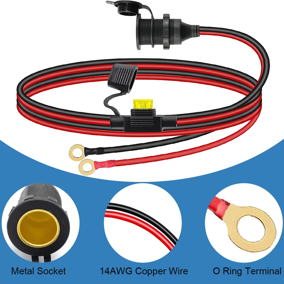 Thumbnail 2 de Xiatiaosann Car Cigarette Lighter Socket to O Ring Terminal Cable with 20A Fuse (12V/24V, 14AWG) for 8mm Eyelet Terminals