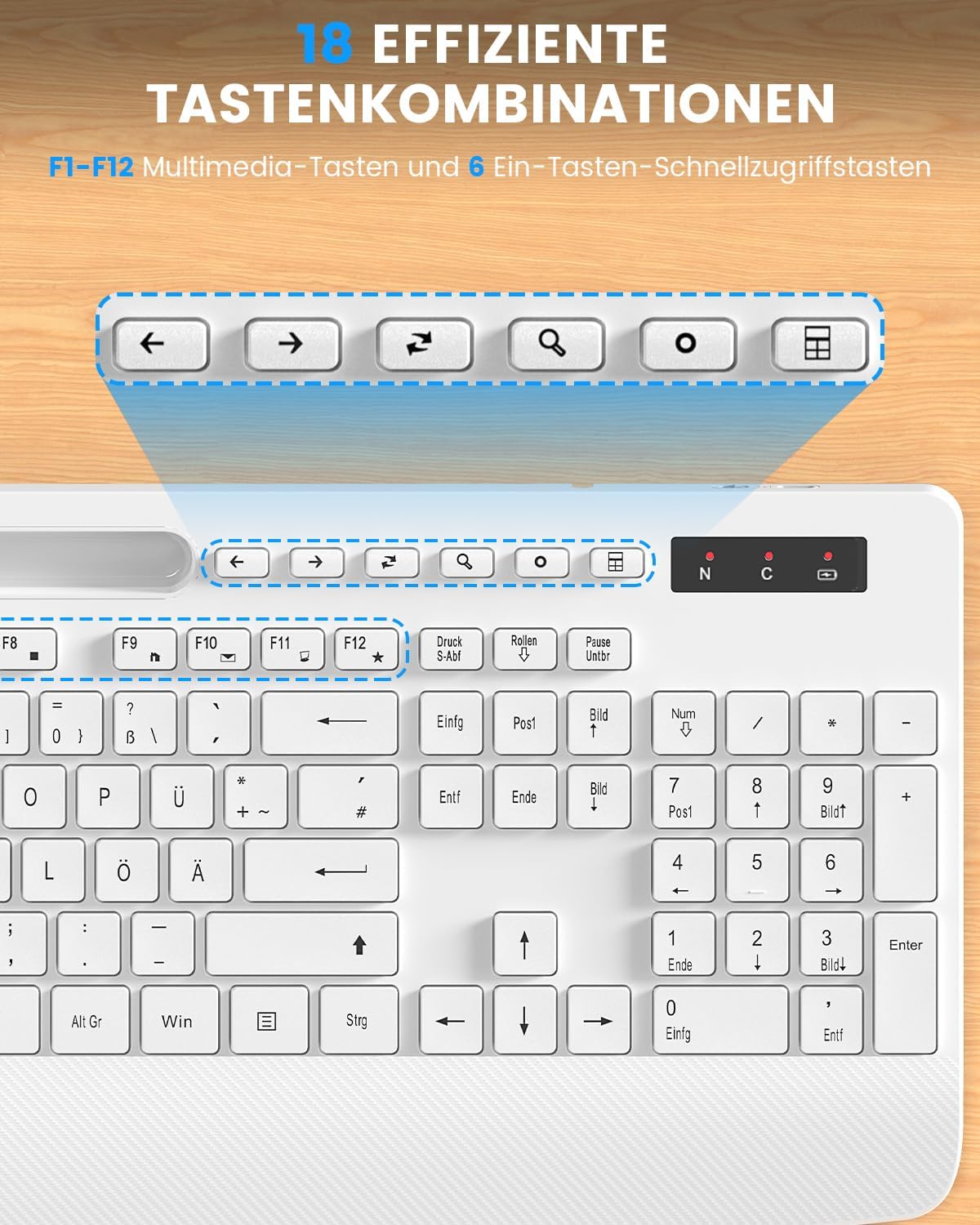 Thumbnail 6 de SABLUTE Tastatur-Maus-Set kabellos 2,4G inkl. Handballenauflage & Telefonhalter (Windows, Weiß)