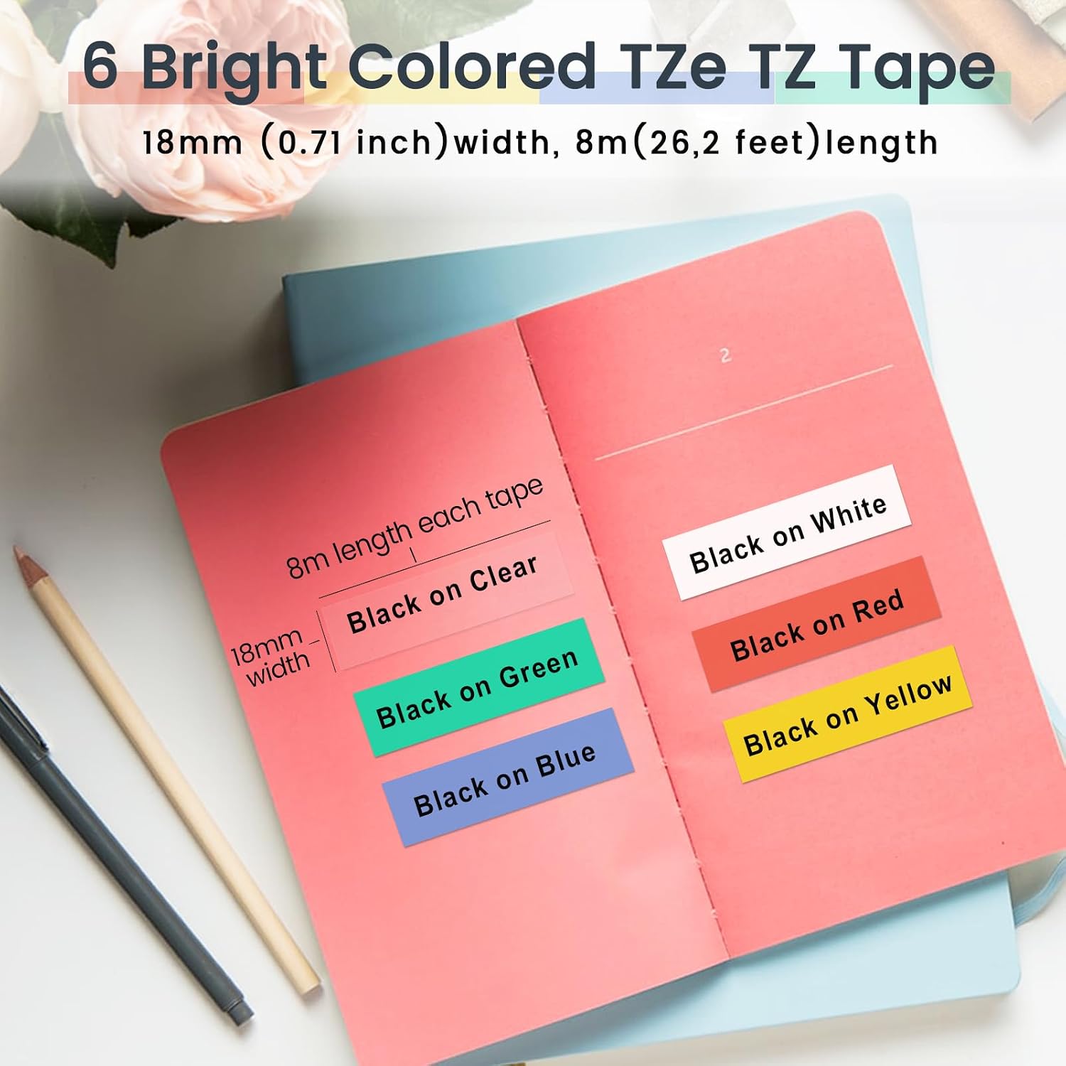 Detalle de Markurlife 18 mm TZe-Klebeetikettenbänder kompatibel mit Brother P-Touch – 6er-Pack, Schwarz auf Transparent/Weiß/Rot/Blau/Gelb/Grün, 8 m je Band