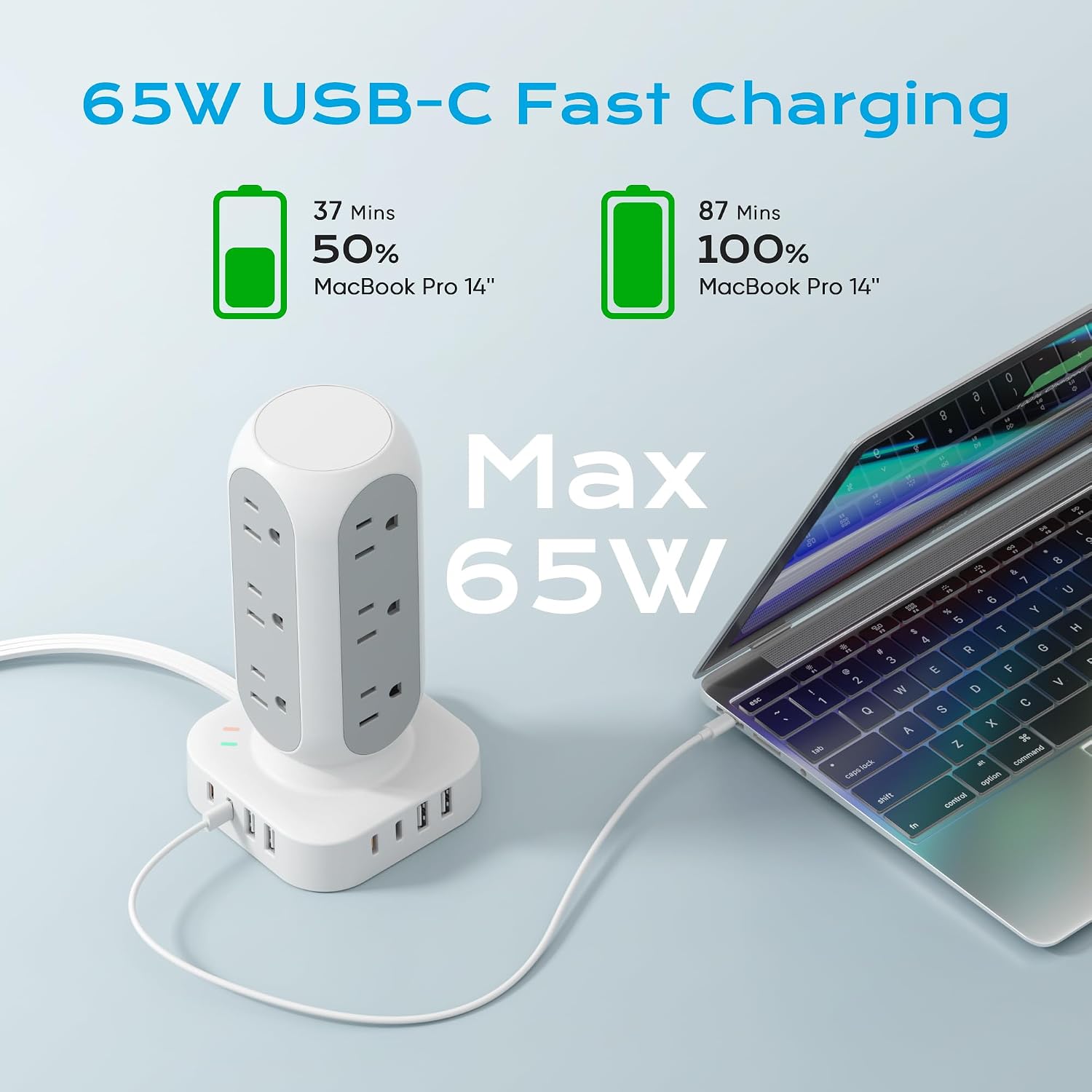 Thumbnail 1 de TenTrend TS3 Power Strip Tower, 12 AC Outlets, 8 USB Ports, 10-ft Cord