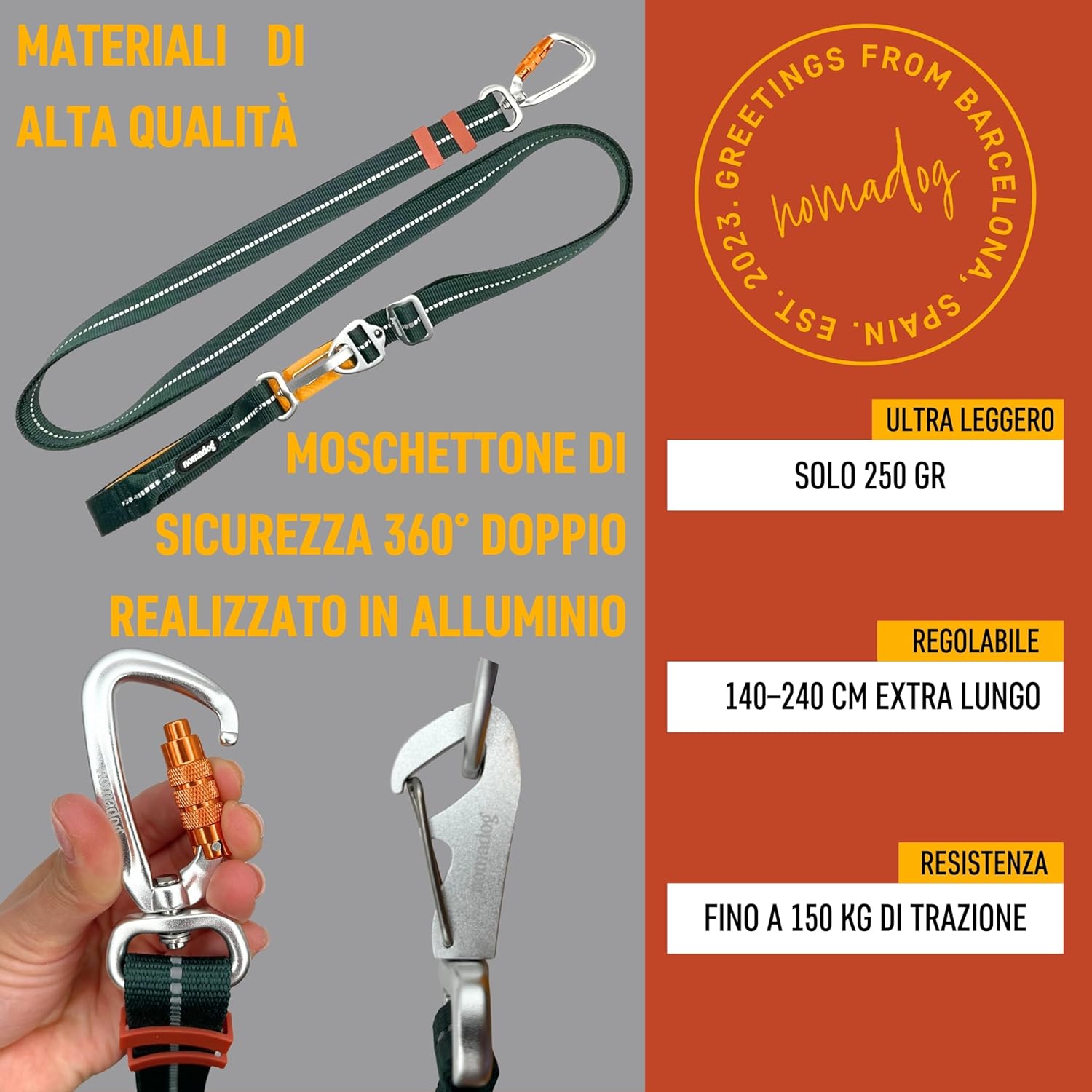 Thumbnail 4 de Nomadog Trailblazer: Guinzaglio per Cani Multifunzionale 6-in-1 con Moschettone Girevole, 1,4–2,4 m, Riflettente