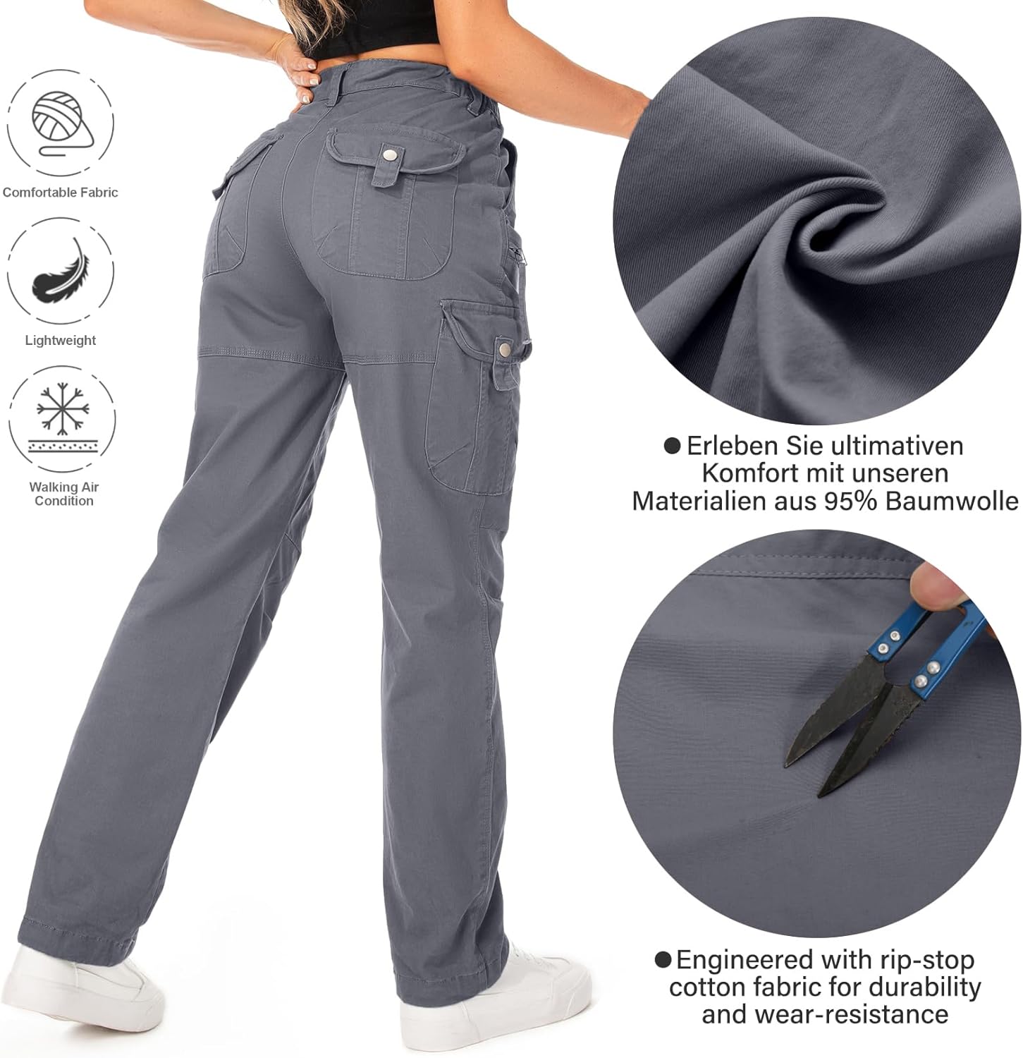Thumbnail 3 de yeyity Damen Cargohose – Multi Taschen Wanderhose aus Baumwolle, Relaxed-Fit