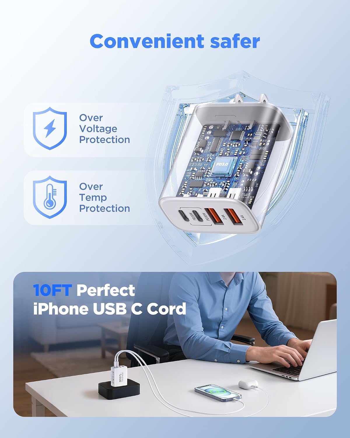 Detalle 2 de 60W USB C Charger, 2-Pack with 10FT Cables — Fast 4-Port Charging Block for iPhone 17 Pro Max and More