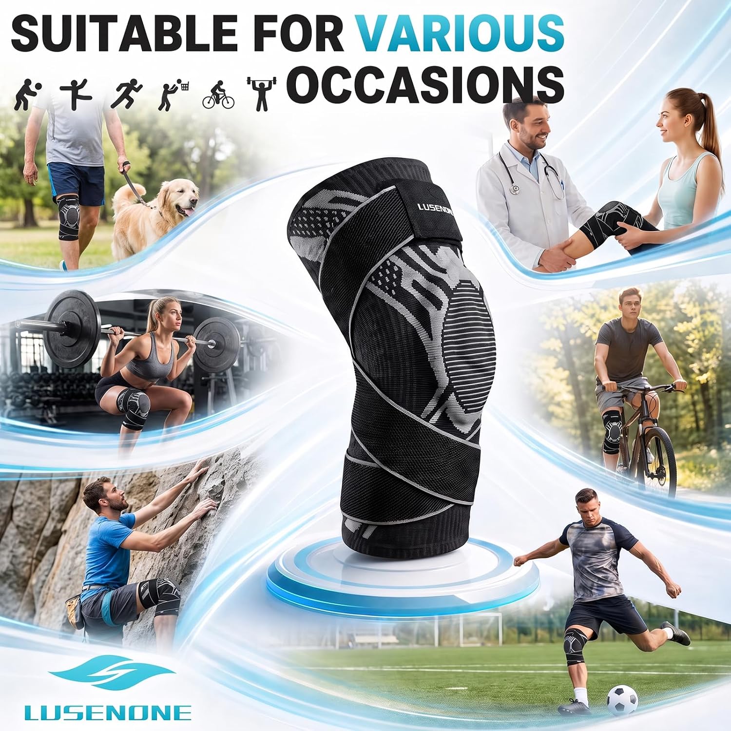 Thumbnail 6 de Lusenone Adjustable Knee Brace, Side Stabilizers, Patella Gel Pad, Size M