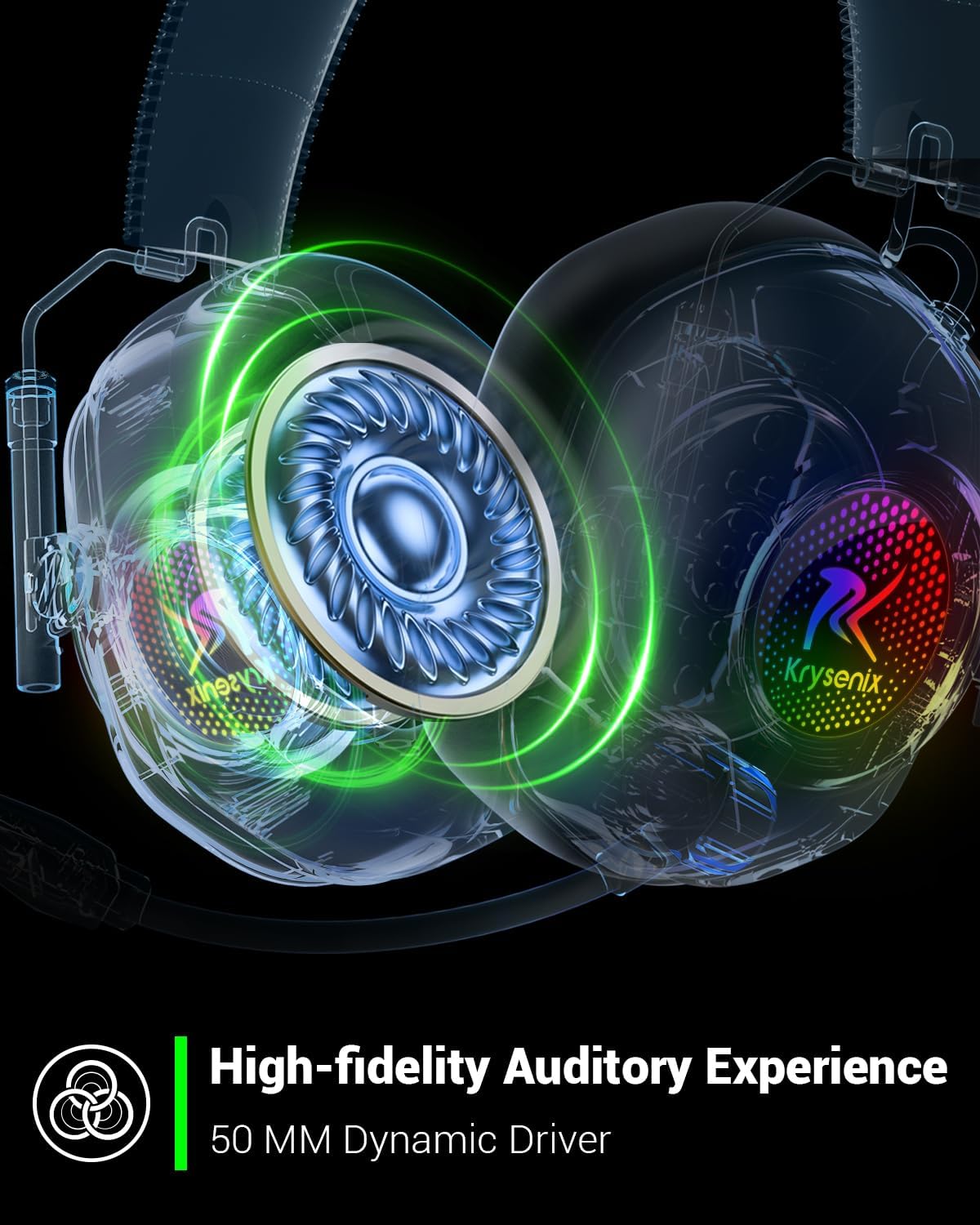 Detalle de Krysenix KGH2 Wireless Gaming Headset, 50mm Drivers, 2.4GHz & Bluetooth 5.4