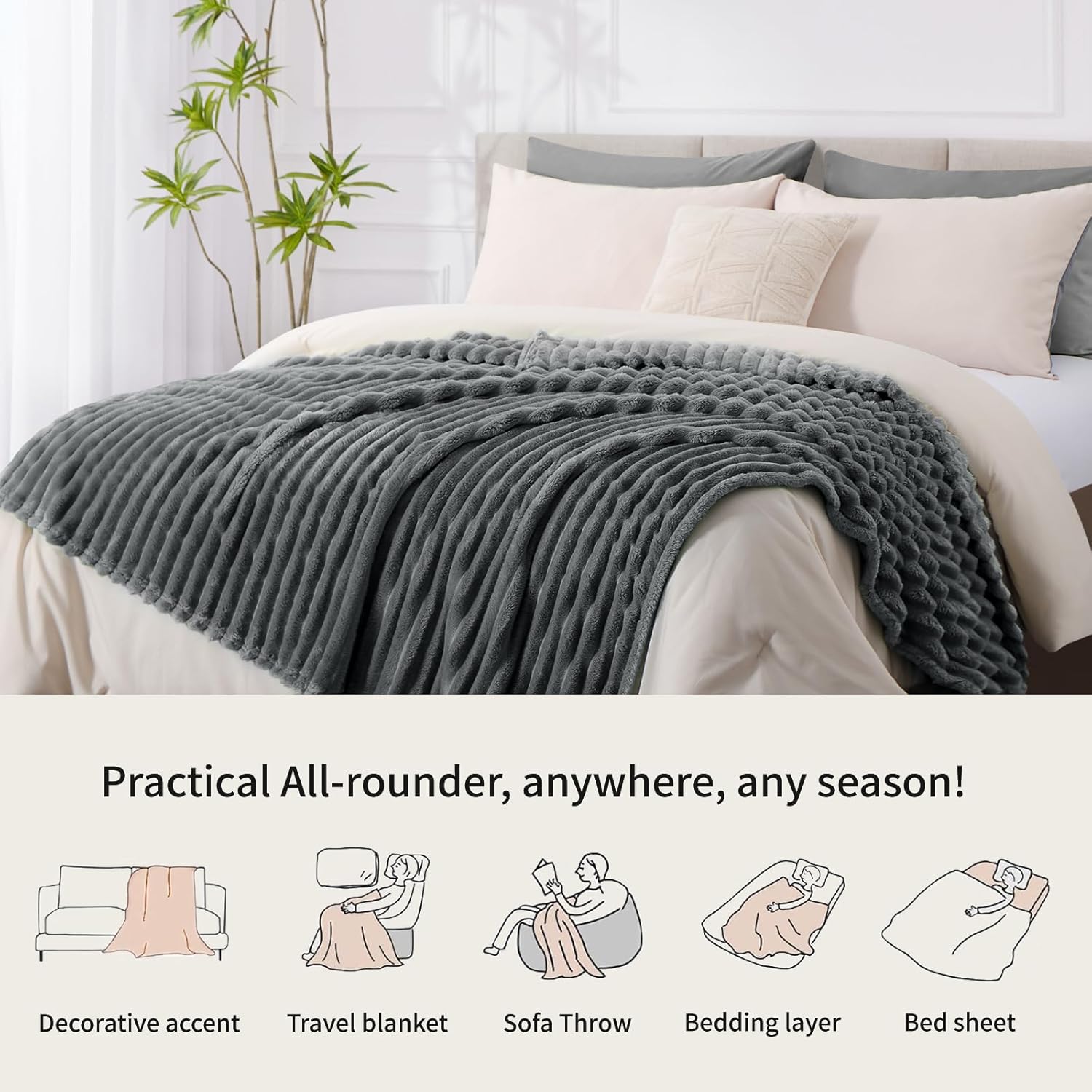 Thumbnail 6 de RUIKASI Kuscheldecke Grau 220x240 cm (XXL) – flauschige Fleece- und Sofadecke für Wohnzimmereinrichtung