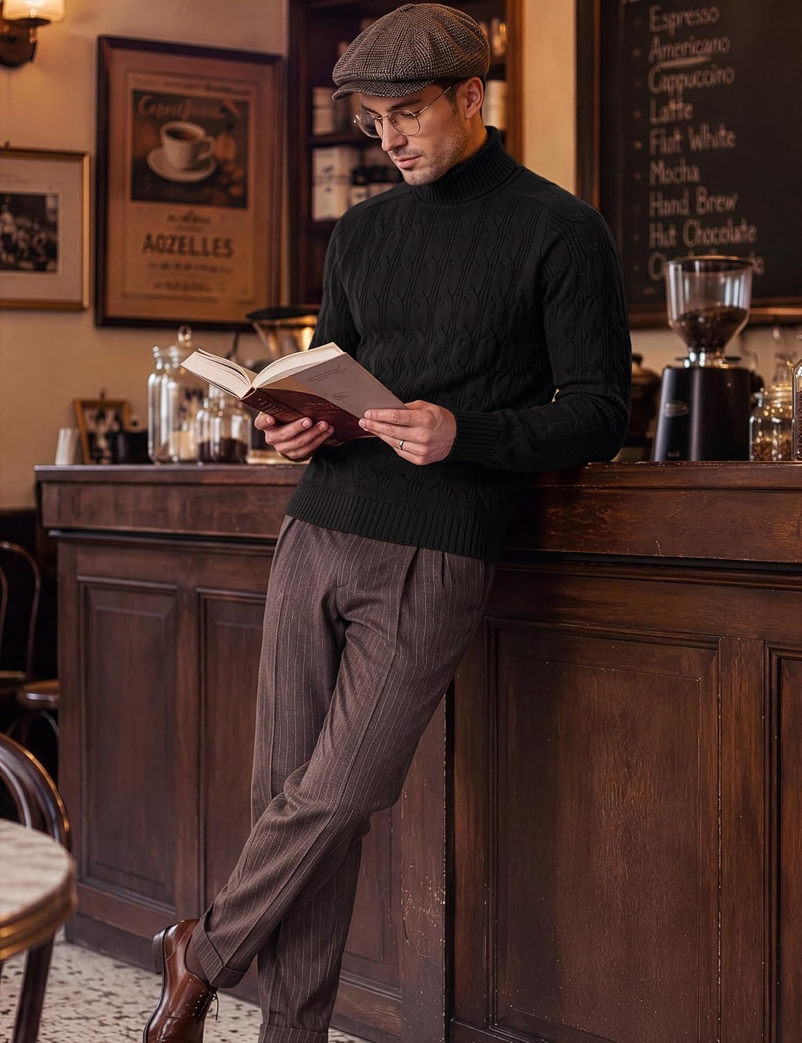 Detalle de TACVASEN Men's Cable-Knit Turtleneck Sweater with Ribbed Cuffs and Hem