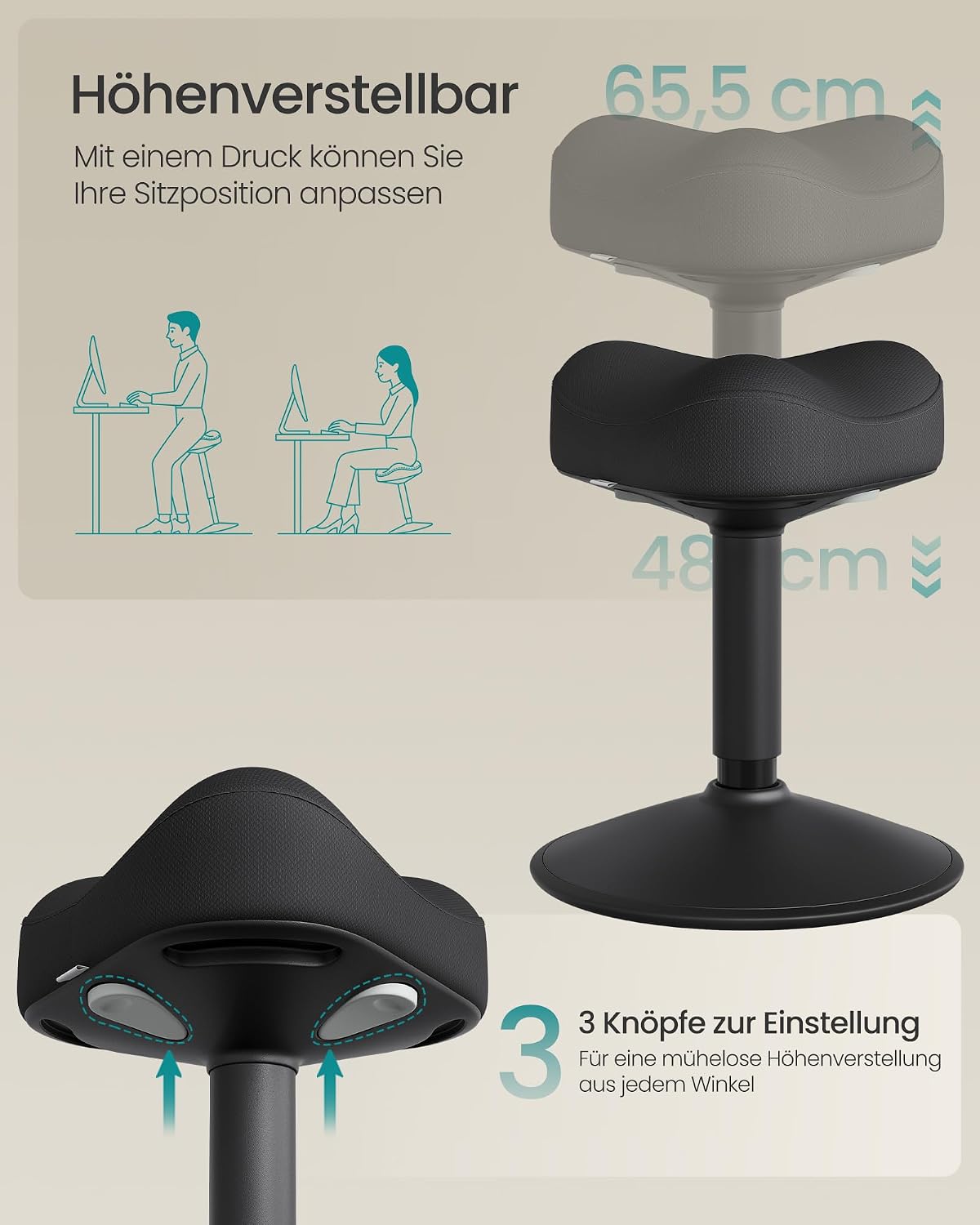 Thumbnail 4 de SONGMICS Hocker OSC018BH01 – Stehhocker mit 10° Neigung, höhenverstellbar 48–65,5 cm, Anti-Rutsch-Sockel, drehbarer Sattelsitz