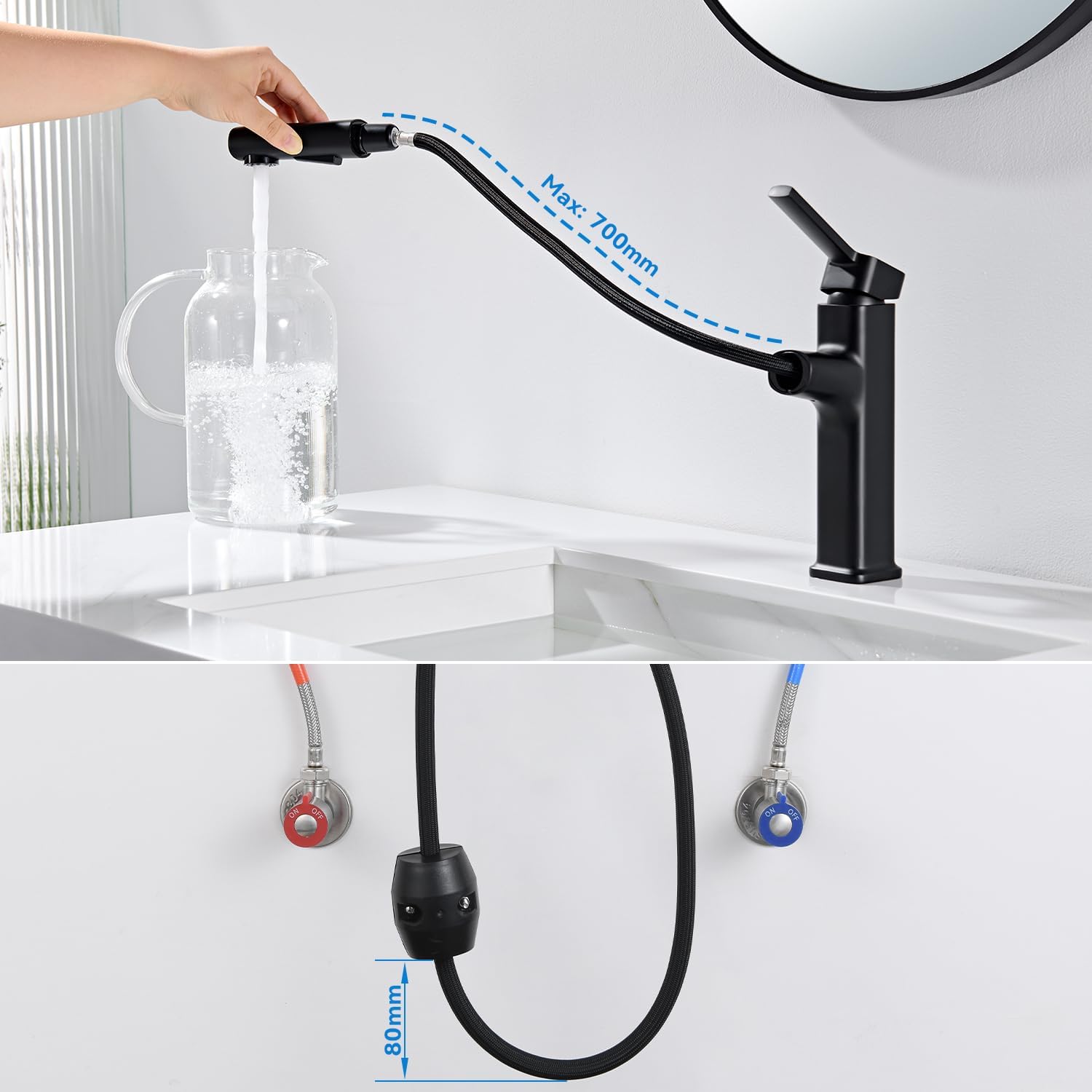 Thumbnail 4 de HanCrobiyx Robinet de salle de bain noir mat avec douchette extractible et mitigeur