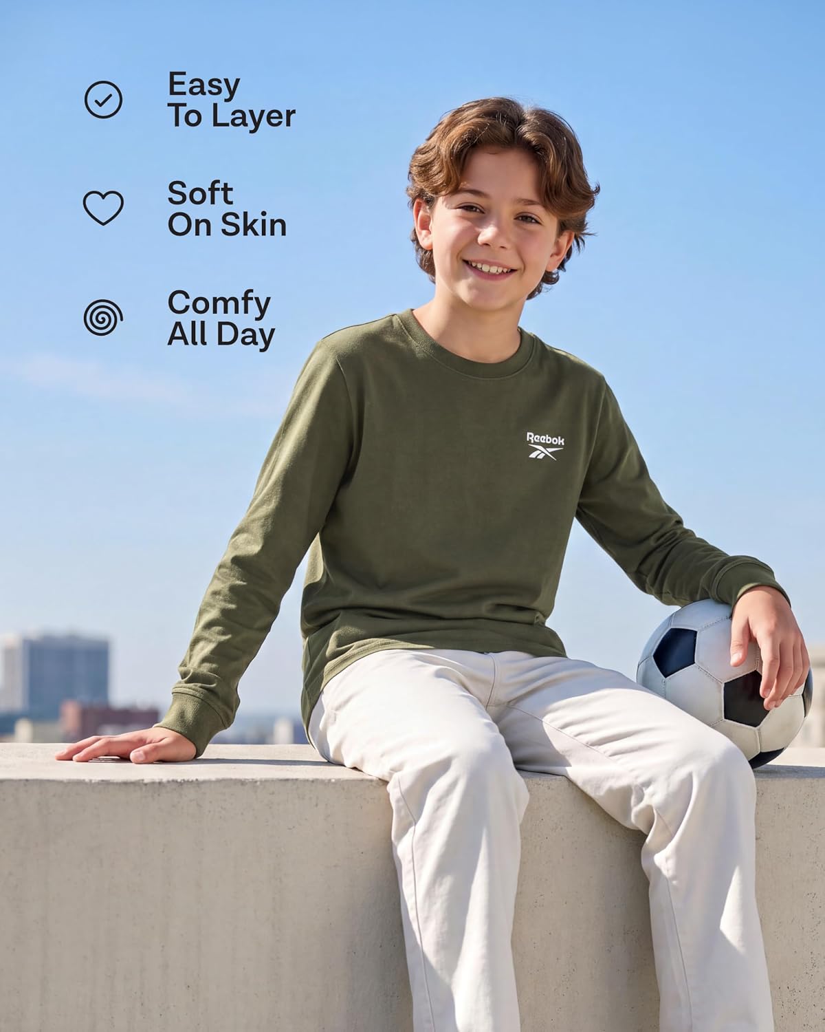 Detalle de Reebok Boys' Long-Sleeve Shirts, 3-Pack